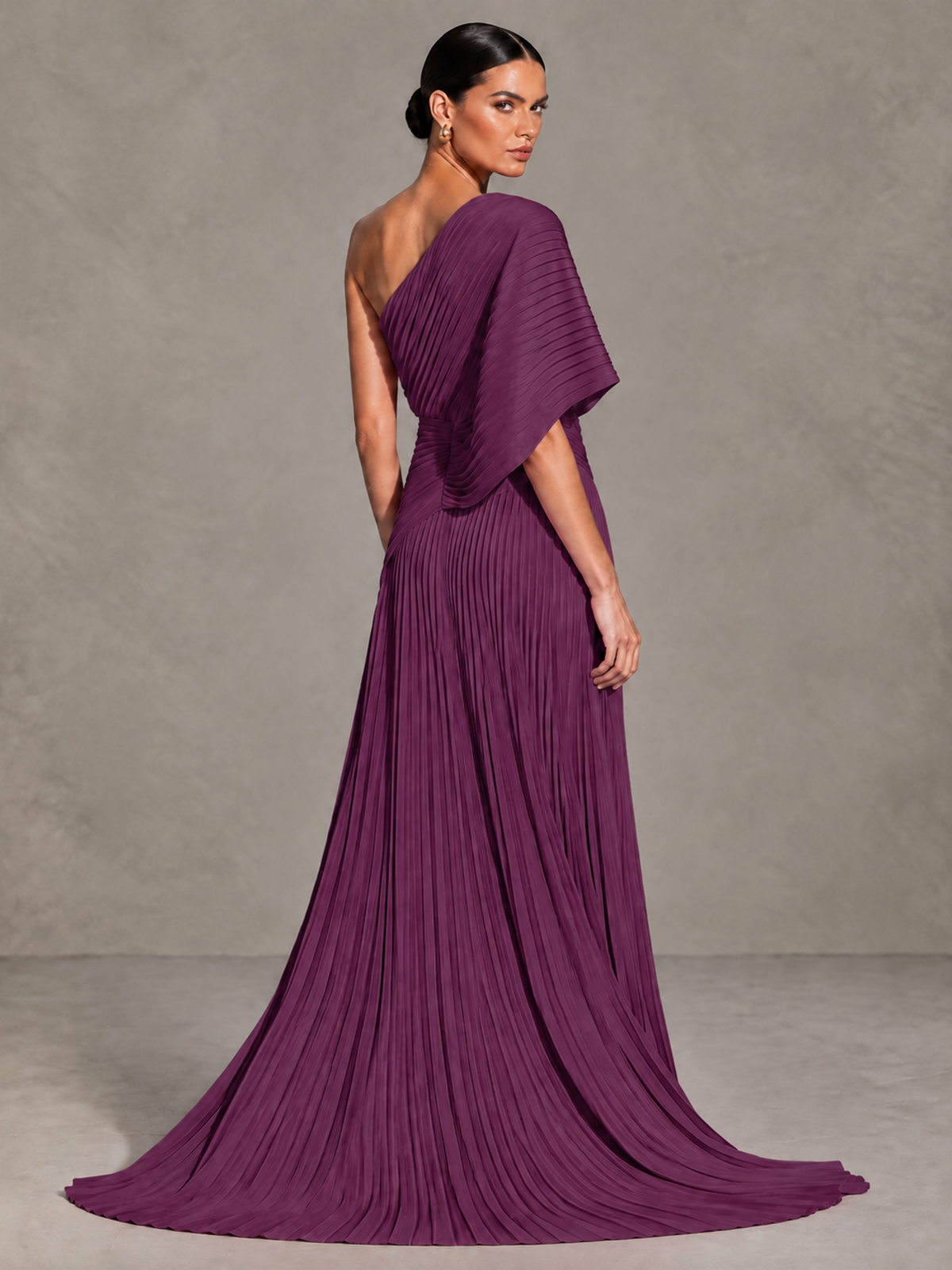 BOLODOO Plum One-Shoulder Pleated Cape Evening Gown with Train - Plum - Plum (2)
