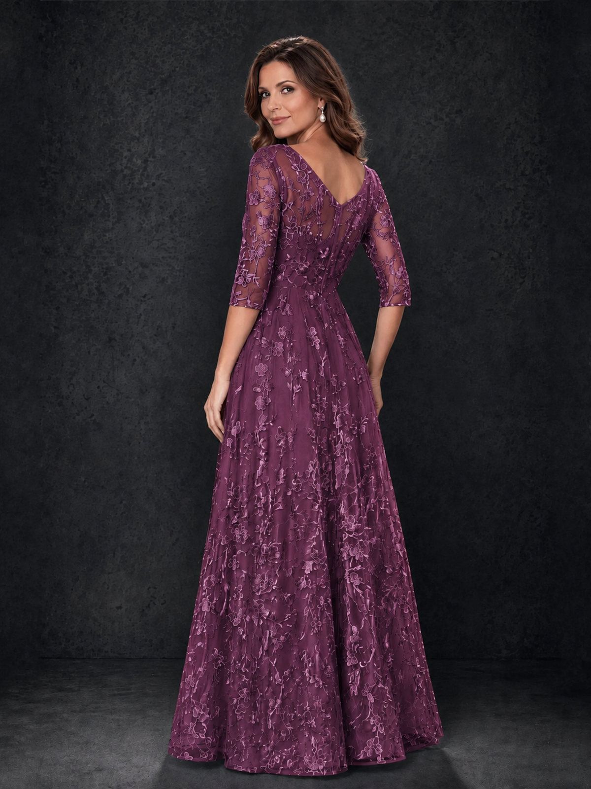 BOLODOO Plum Illusion Bateau Neck 3/4 Sleeve Floral Lace A-Line Mother of the Bride Dress MX007 - Plum