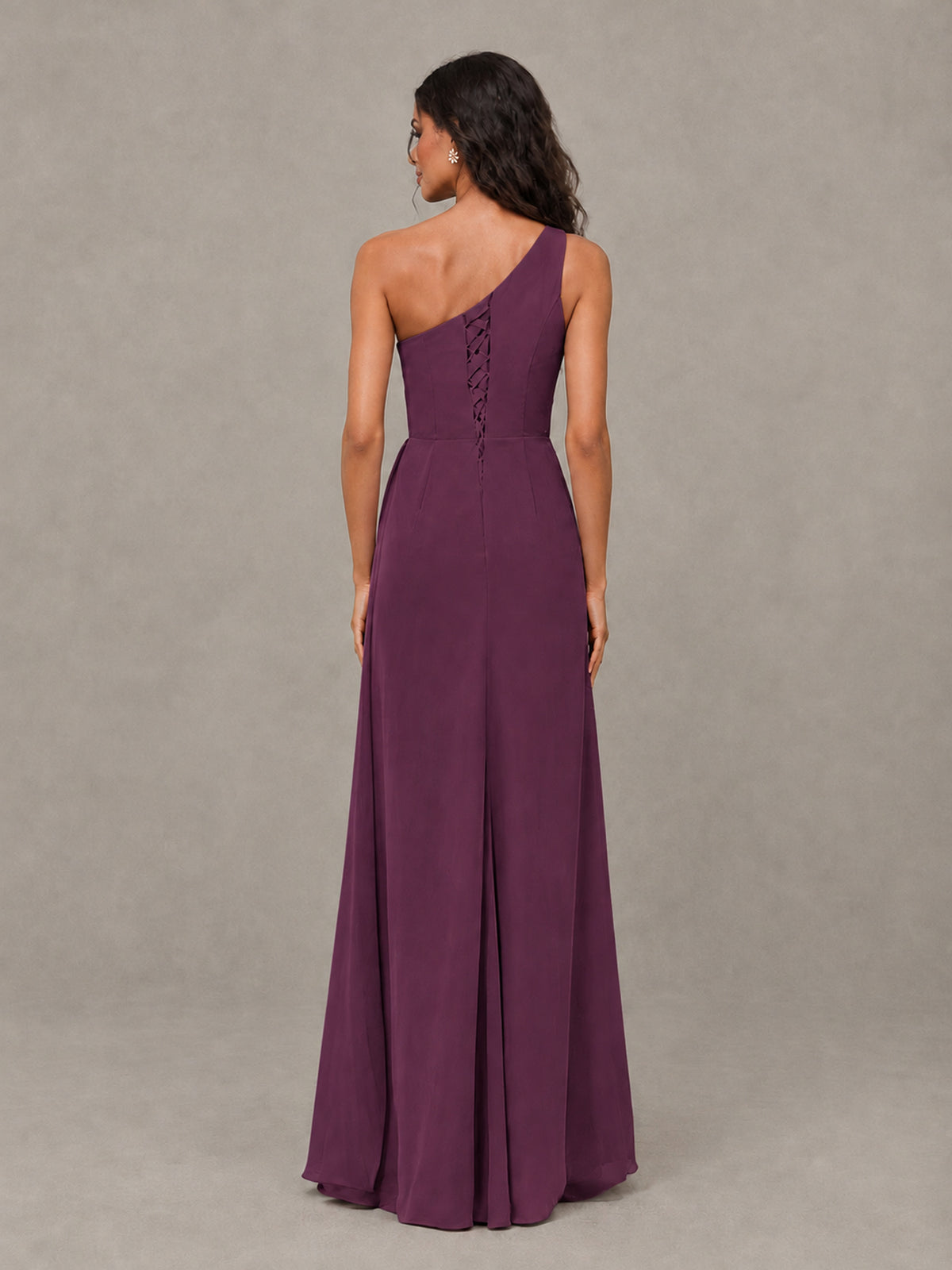 BOLODOO Plum One-Shoulder Chiffon Bridesmaid Dress with Ruched Bodice & High Slit - Plum - Plum (2)