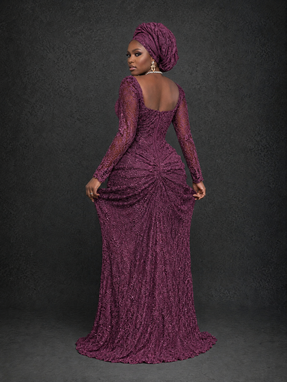 BOLODOO Plum Beaded Lace Long Sleeve Mermaid Gown Sweetheart | Mother of the Bride - Plum