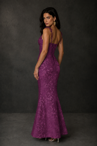 BOLODOO Plum Scoop Neck Tie Strap Lace-Up Back Floral Jacquard Mermaid Maxi Dress - Plum
