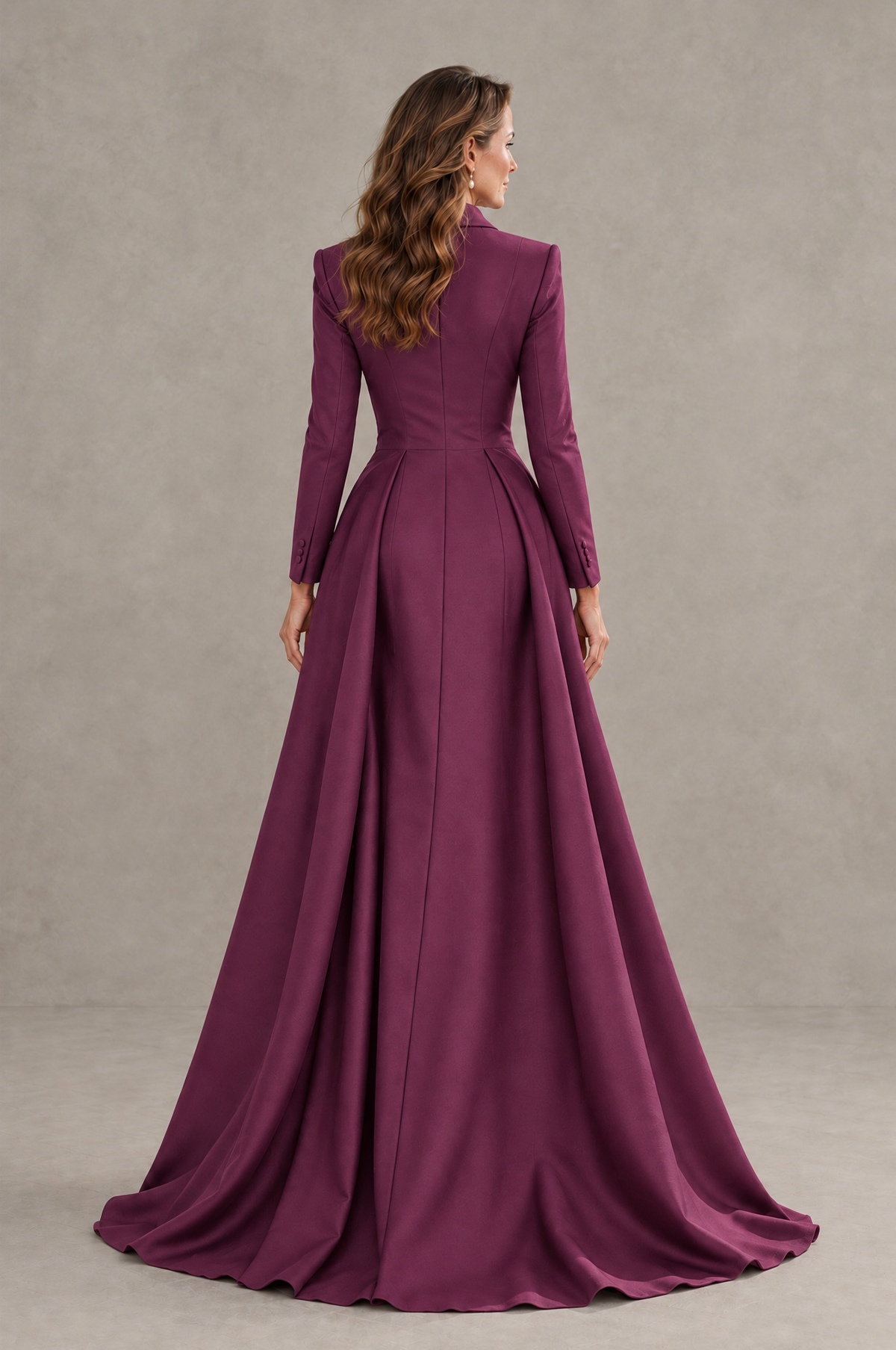 BOLODOO Plum Long Sleeve Lace Blazer Gown with High Slit - Plum - Plum (2)