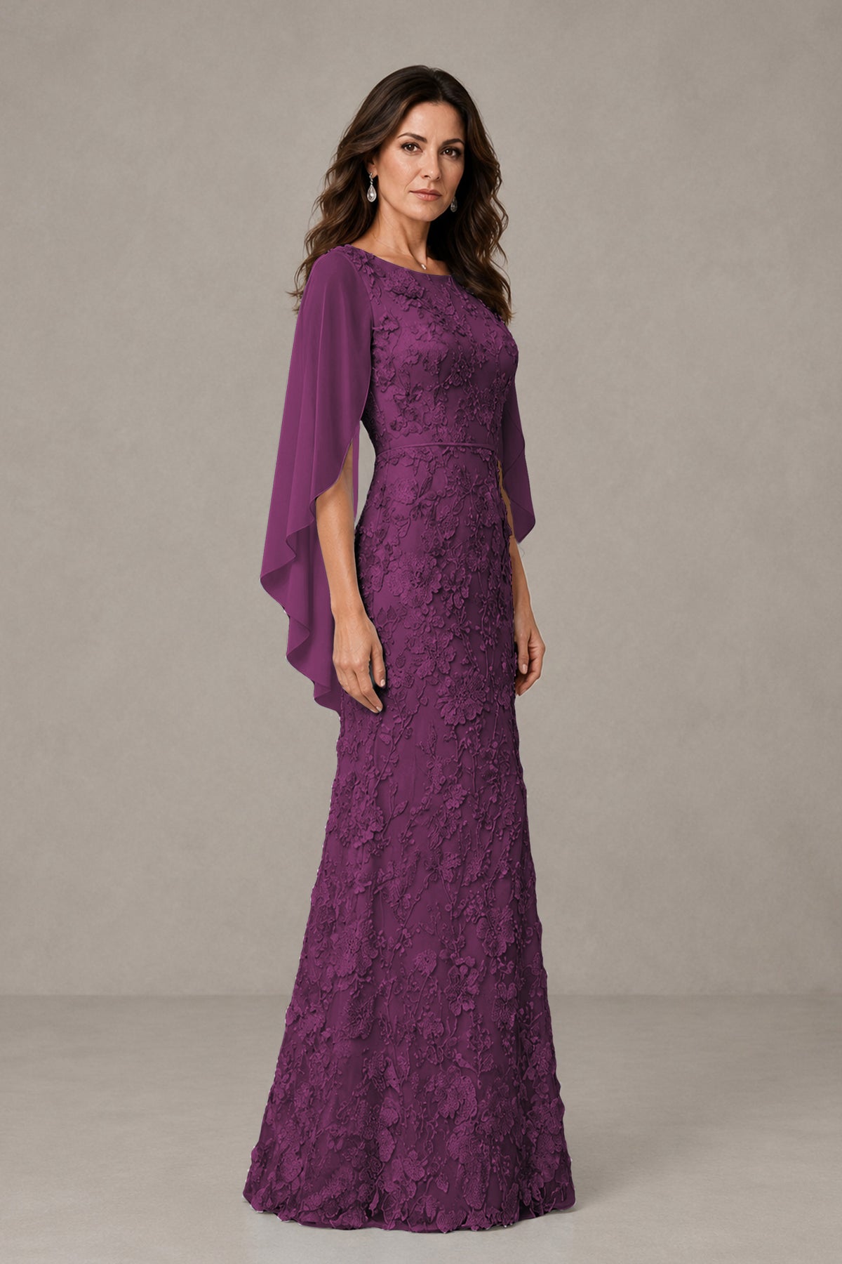 BOLODOO Plum Lace Mother of the Bride Dress with Cape Sleeves - Plum