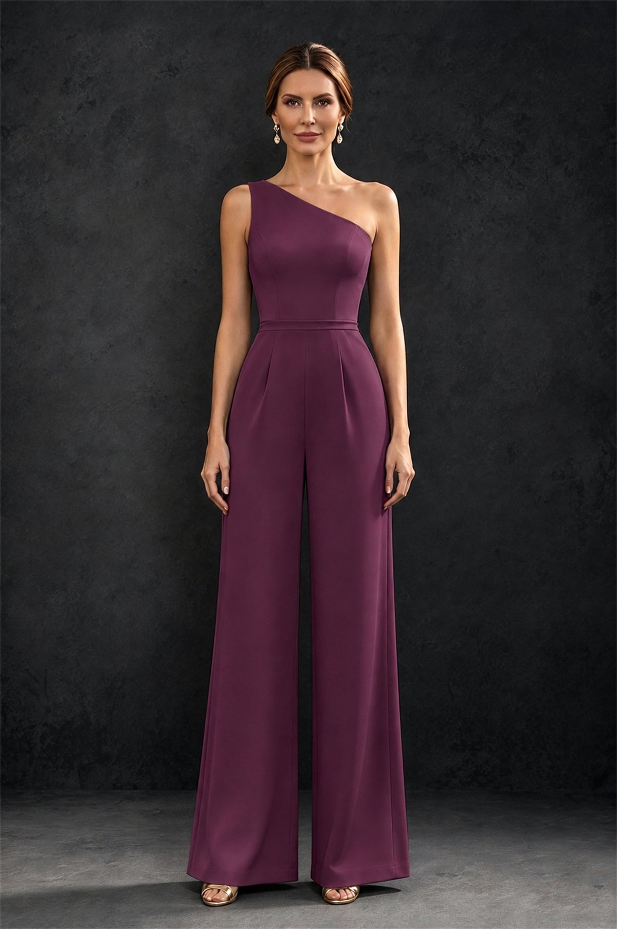 BOLODOO Plum 2-Piece Set: Off-Shoulder 3D Floral Cape Gown & One-Shoulder Wide-Leg Jumpsuit | BD0373 - Plum