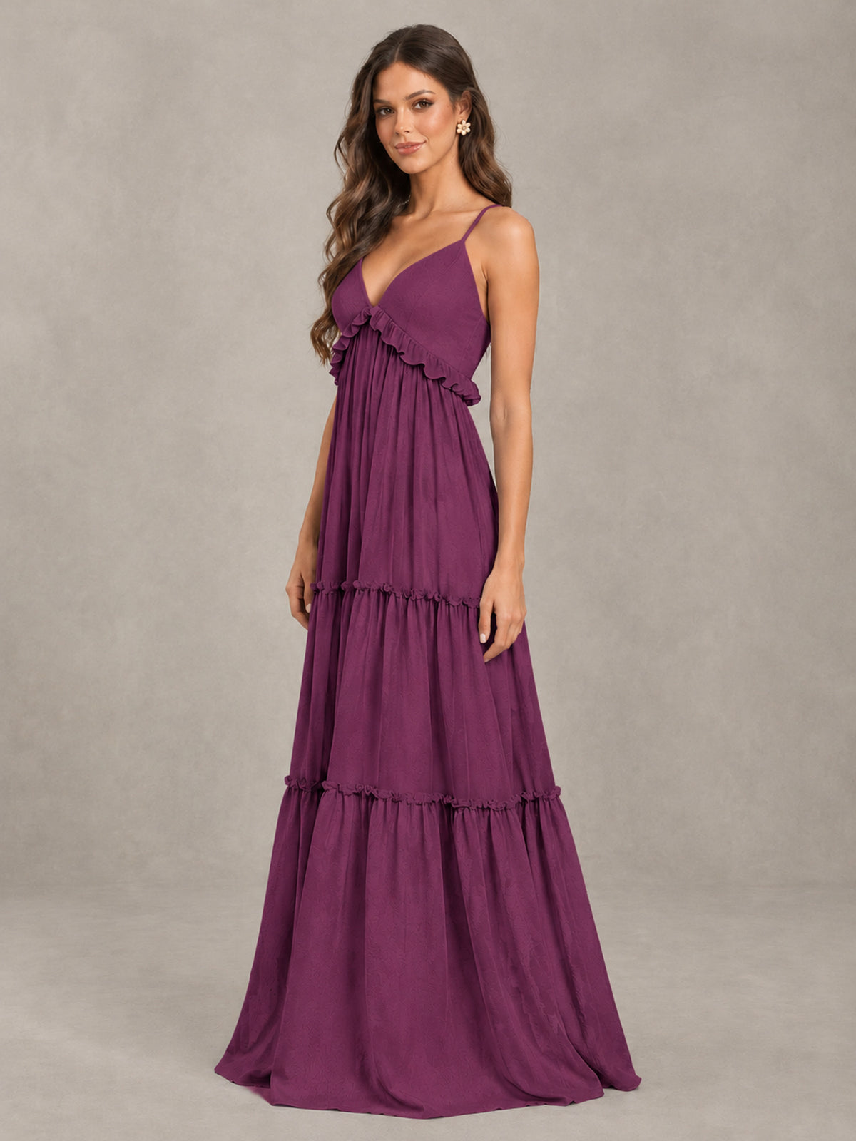 BOLODOO Plum Tiered V-Neck Lace-Up Back Bridesmaid Dress - Plum - Plum (3)