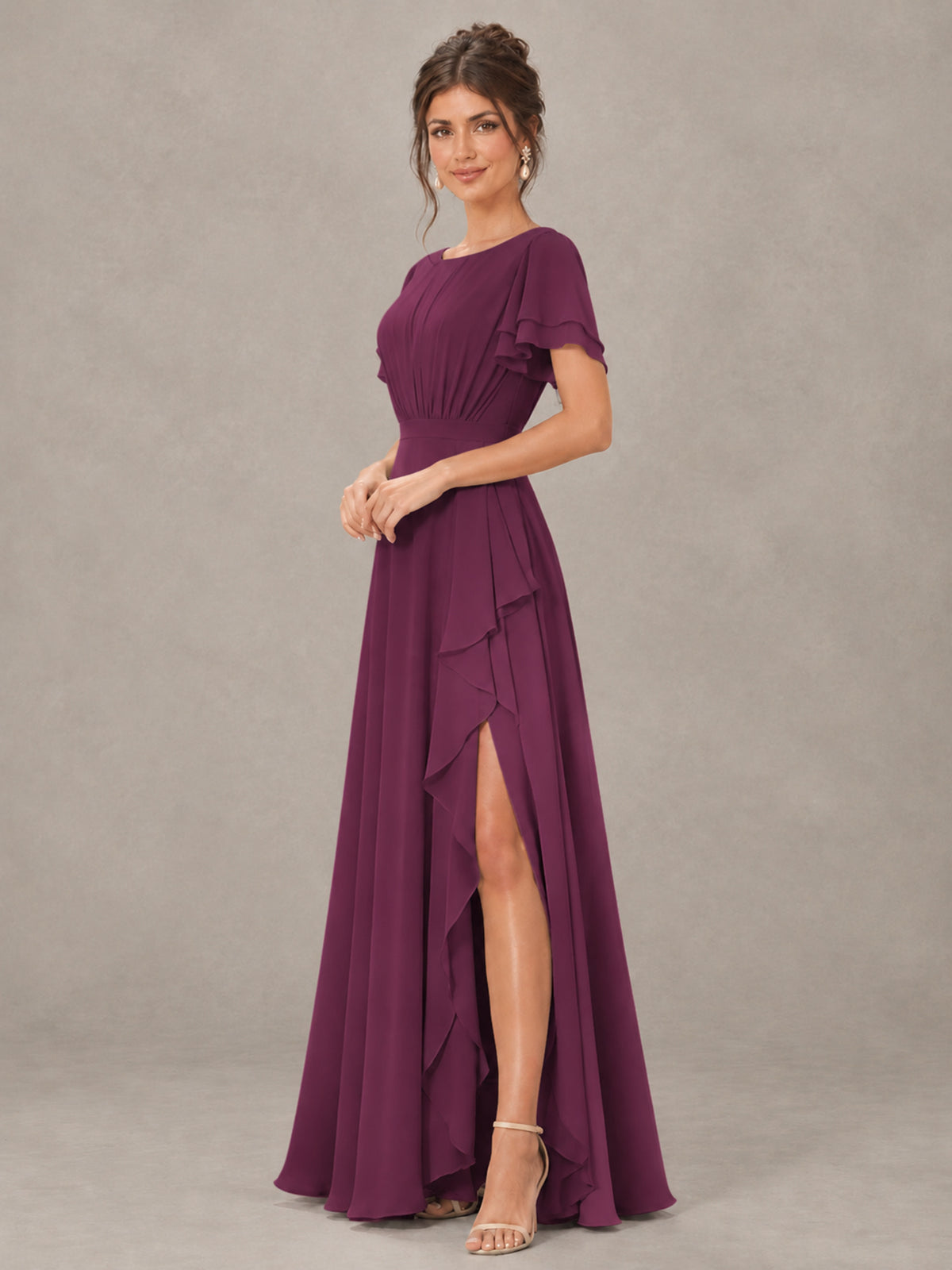 BOLODOO Plum Flutter Sleeve Ruffle Bridesmaid Dress with Slit - Plum - Plum (3)