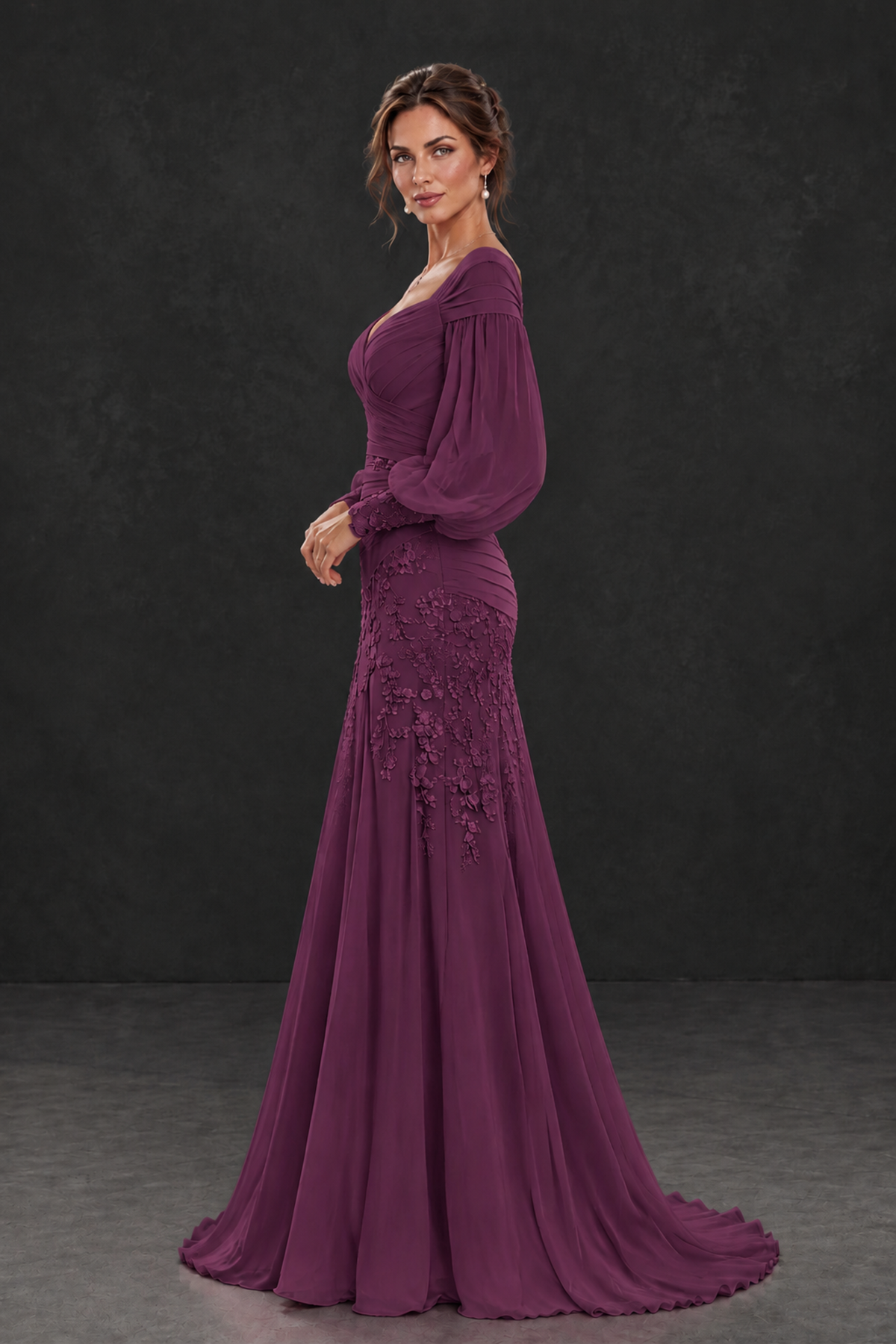 BOLODOO Plum Long Sleeve Mother of the Bride Dress with Floral Appliqués - Plum - Plum (3)