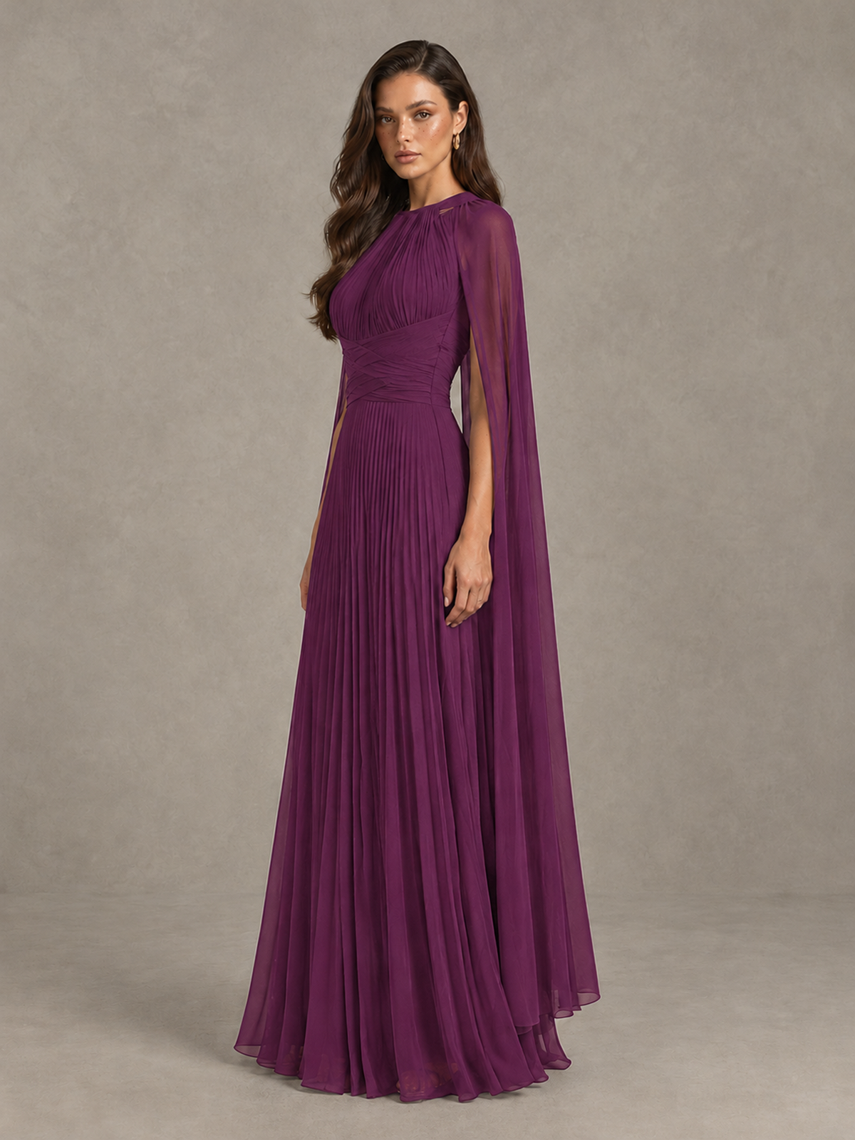 BOLODOO Plum Pleated Cape Maxi Wedding Guest Dress - Plum - Plum (3)