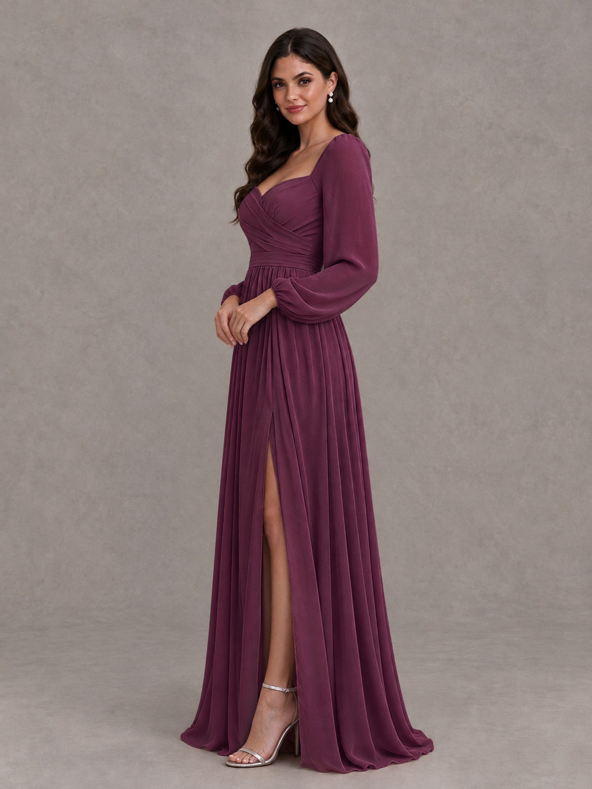BOLODOO Plum Long Sleeve Chiffon Bridesmaid Dress with Slit - Plum - Plum (3)