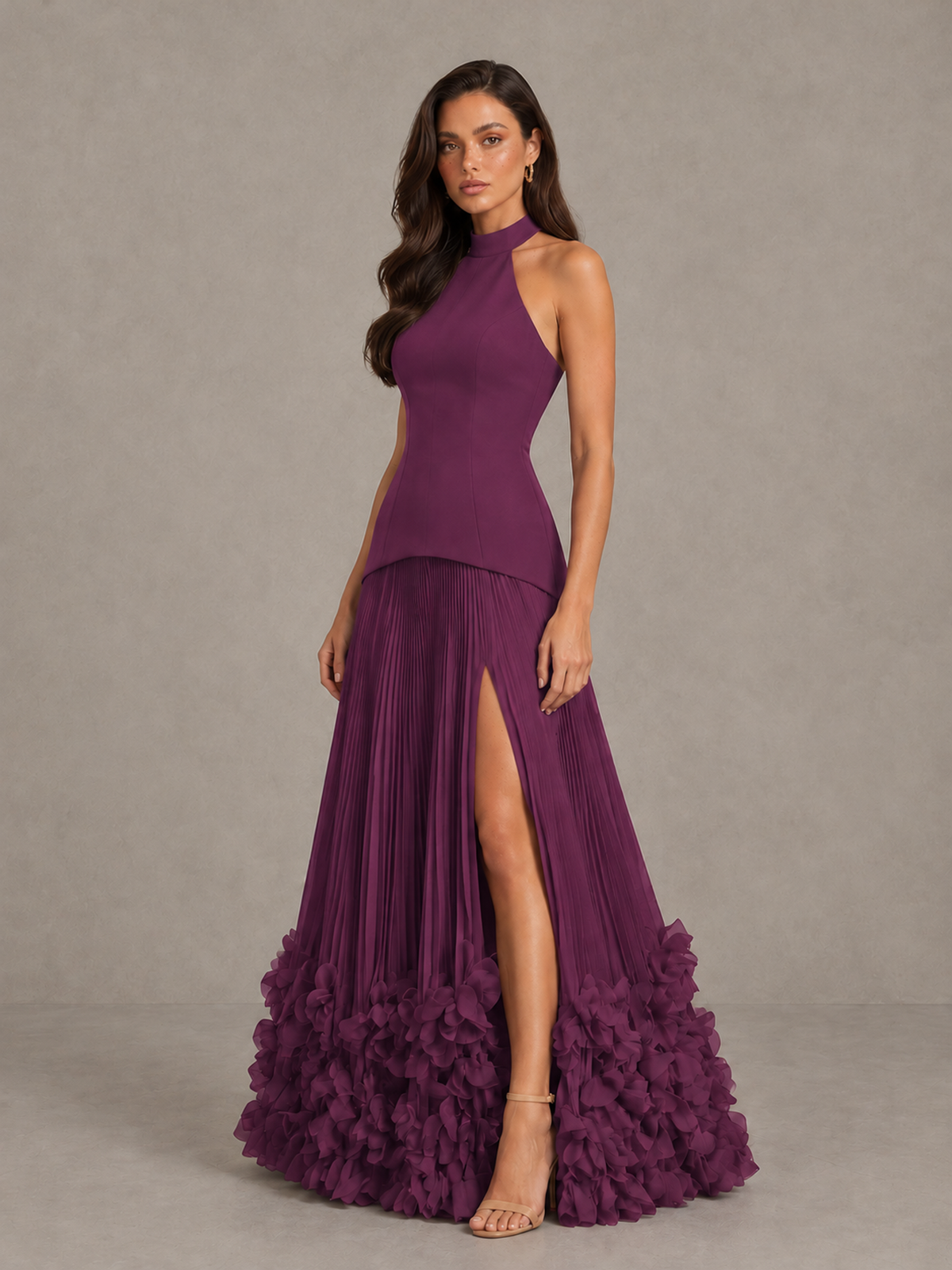 BOLODOO Plum Halter Neck Floor-Length Evening Gown with High Slit & 3D Floral Hem - Plum - Plum (3)
