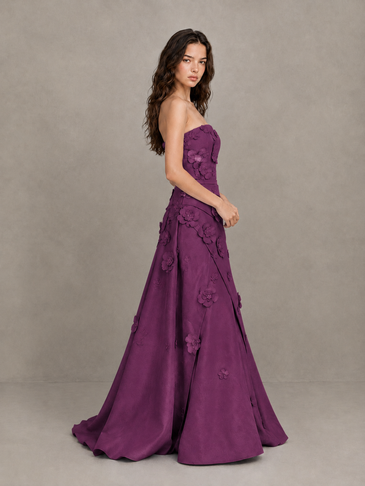 BOLODOO Plum Strapless 3D Floral Applique Prom Gown with Draped Skirt - Plum - Plum (3)
