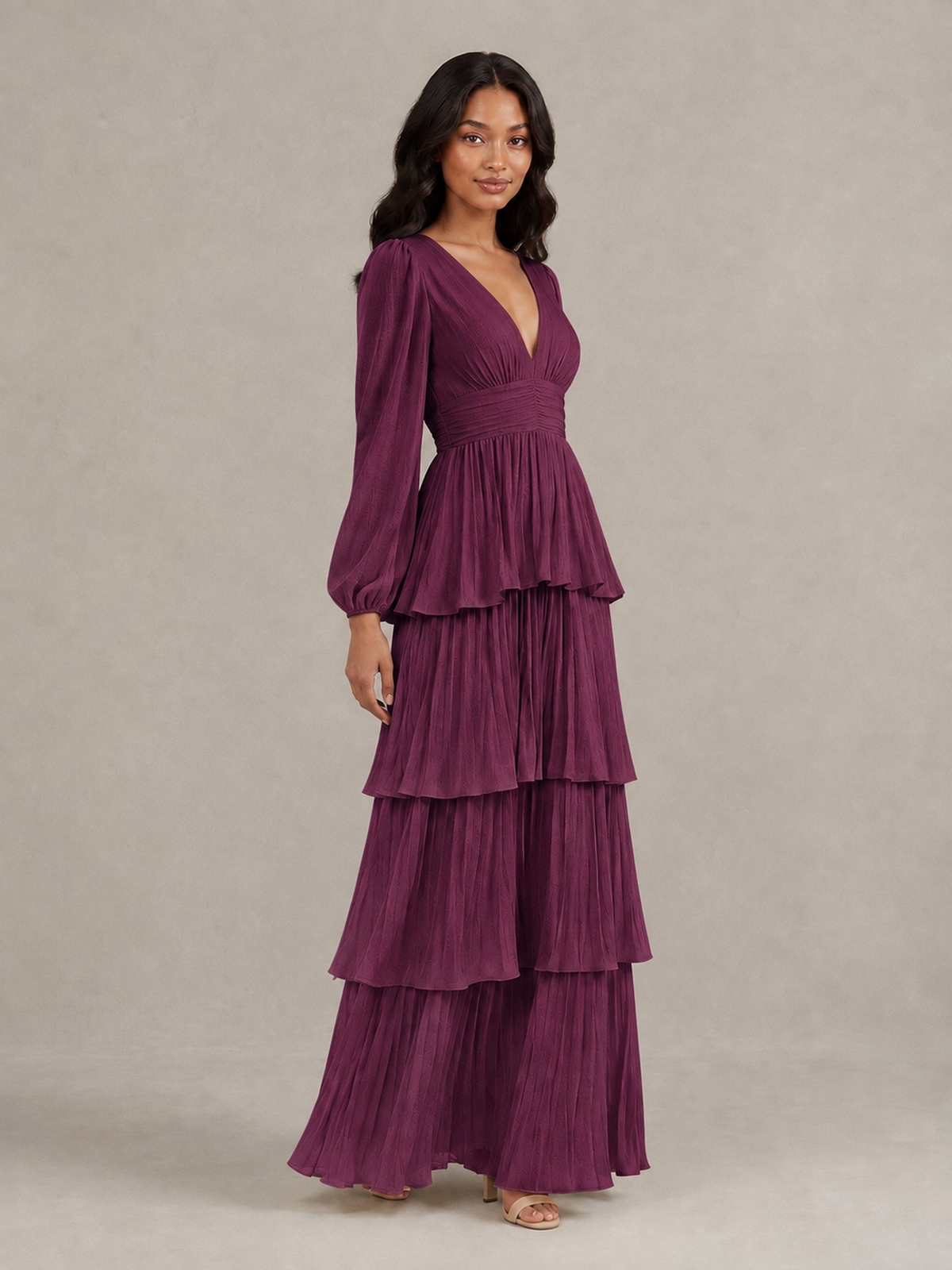 BOLODOO Plum Long-Sleeve Tiered Maxi Dress with Deep V-Neck - Plum