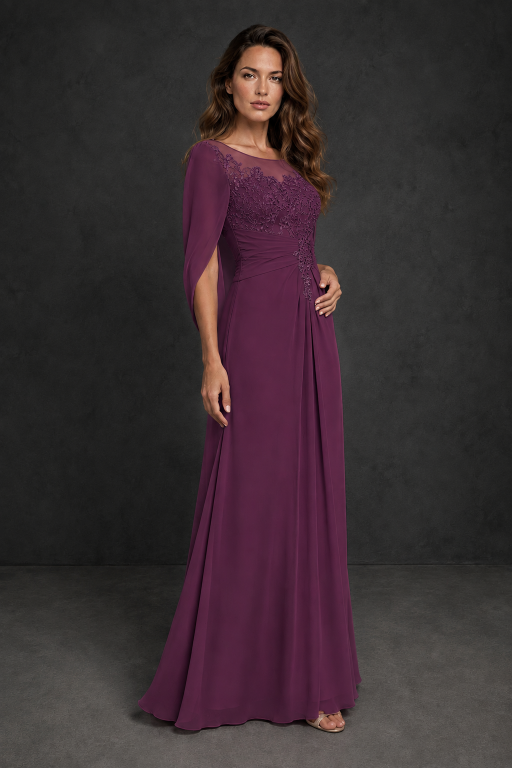 BOLODOO Plum Illusion Lace One-Side Cape Sleeve Beaded Chiffon Floor Length Gown | Mother of the Bride Evening Dress - Plum