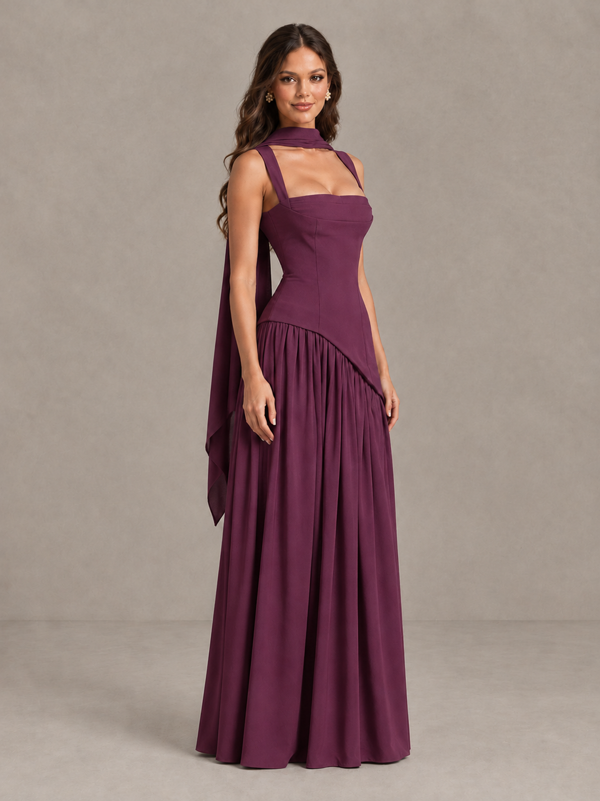 BOLODOO Plum Brown Scarf Bridesmaid Dress with Lace-Up Back - Plum - Plum (3)