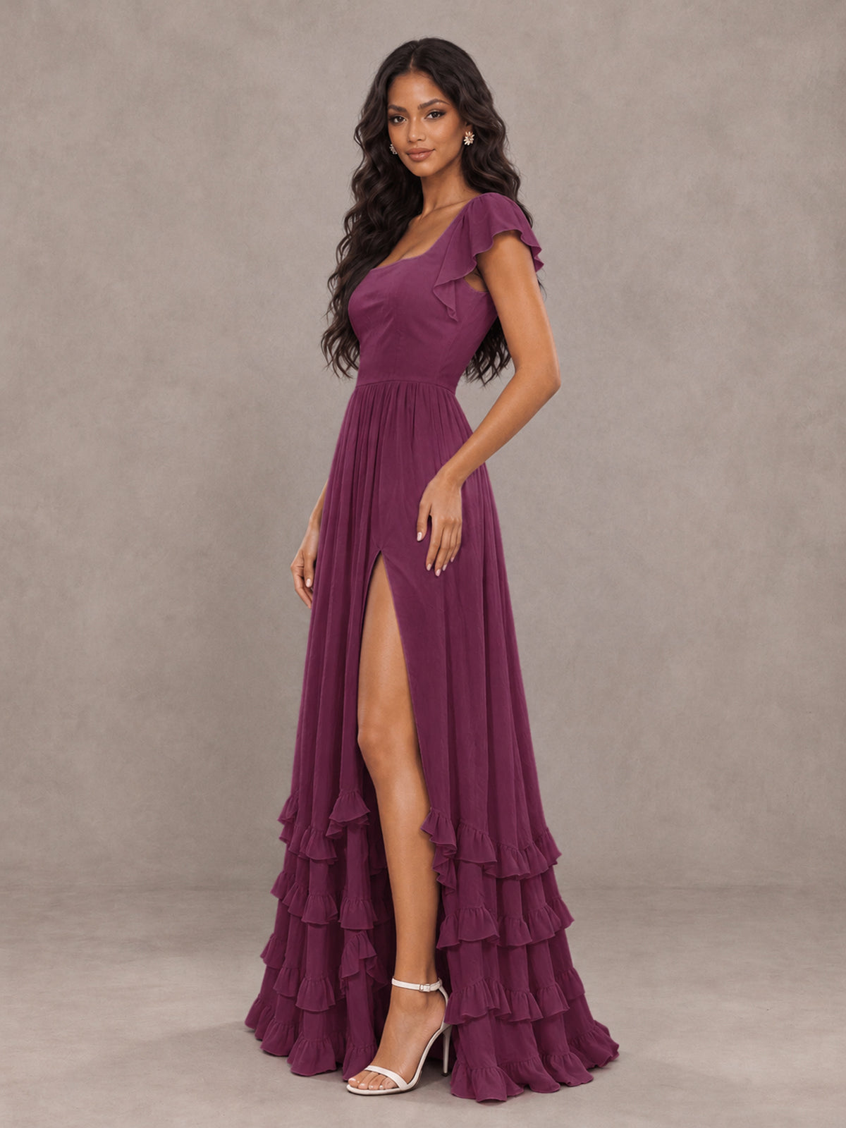 BOLODOO Plum Flutter Sleeve Ruffle Bridesmaid Dress with Slit - Plum - Plum (3)