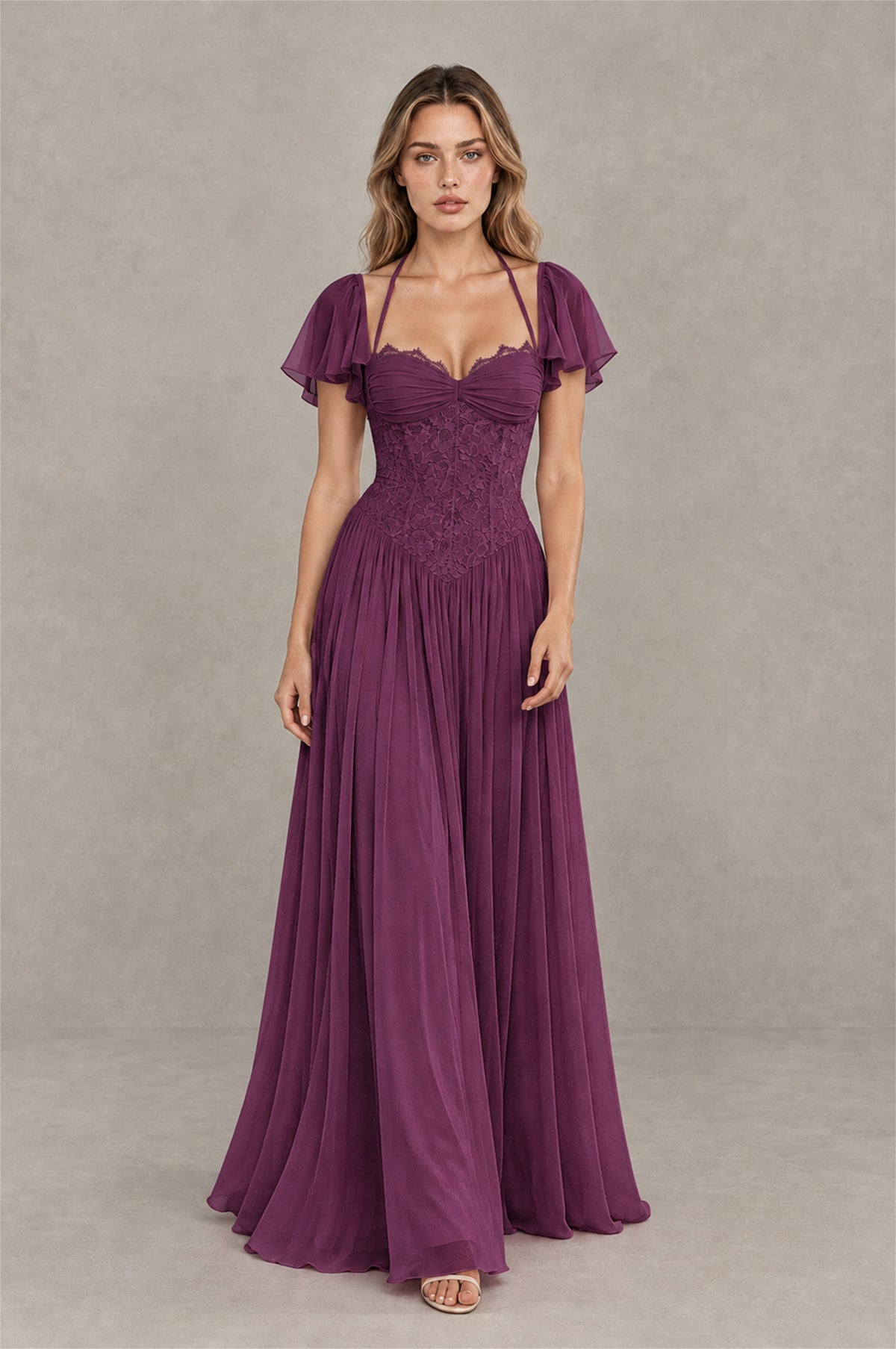 BOLODOO Plum Flutter Sleeve Lace Corset A-Line Maxi Dress - Plum - Plum (3)