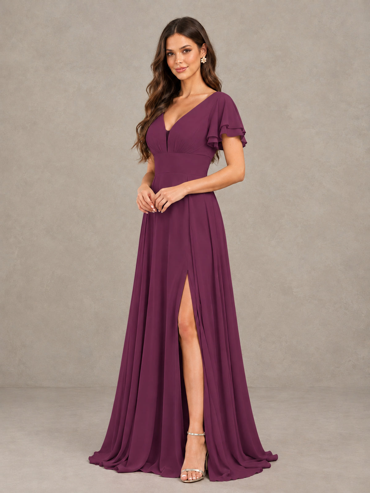 BOLODOO Plum Flutter Sleeve Chiffon A-Line Maxi Bridesmaid Dress with Open Back & Slit - Plum - Plum (3)