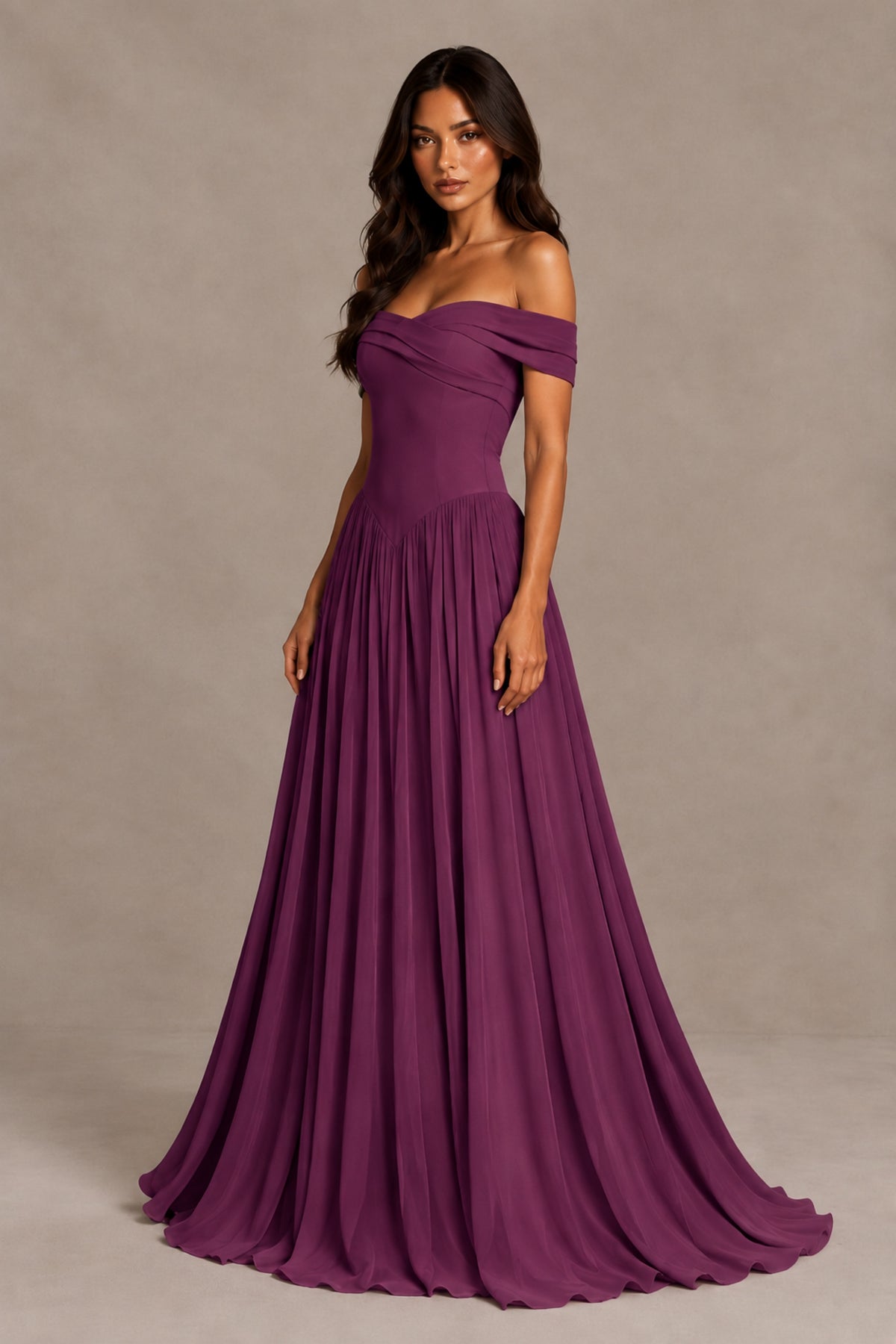 BOLODOO Plum Off-Shoulder Sweetheart Corset Pleated Chiffon Maxi Dress - Plum - Plum (3)