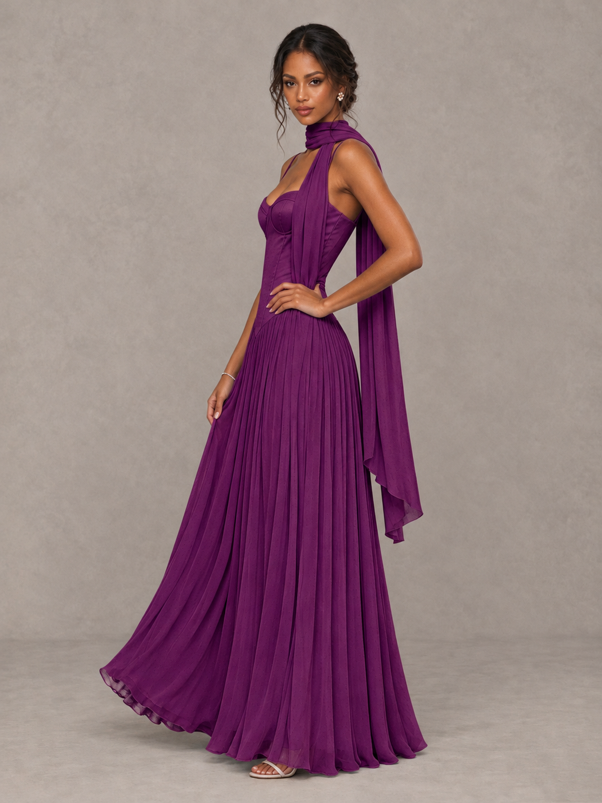 BOLODOO Plum Corset Bridesmaid Dress with Scarf - Plum - Plum (3)