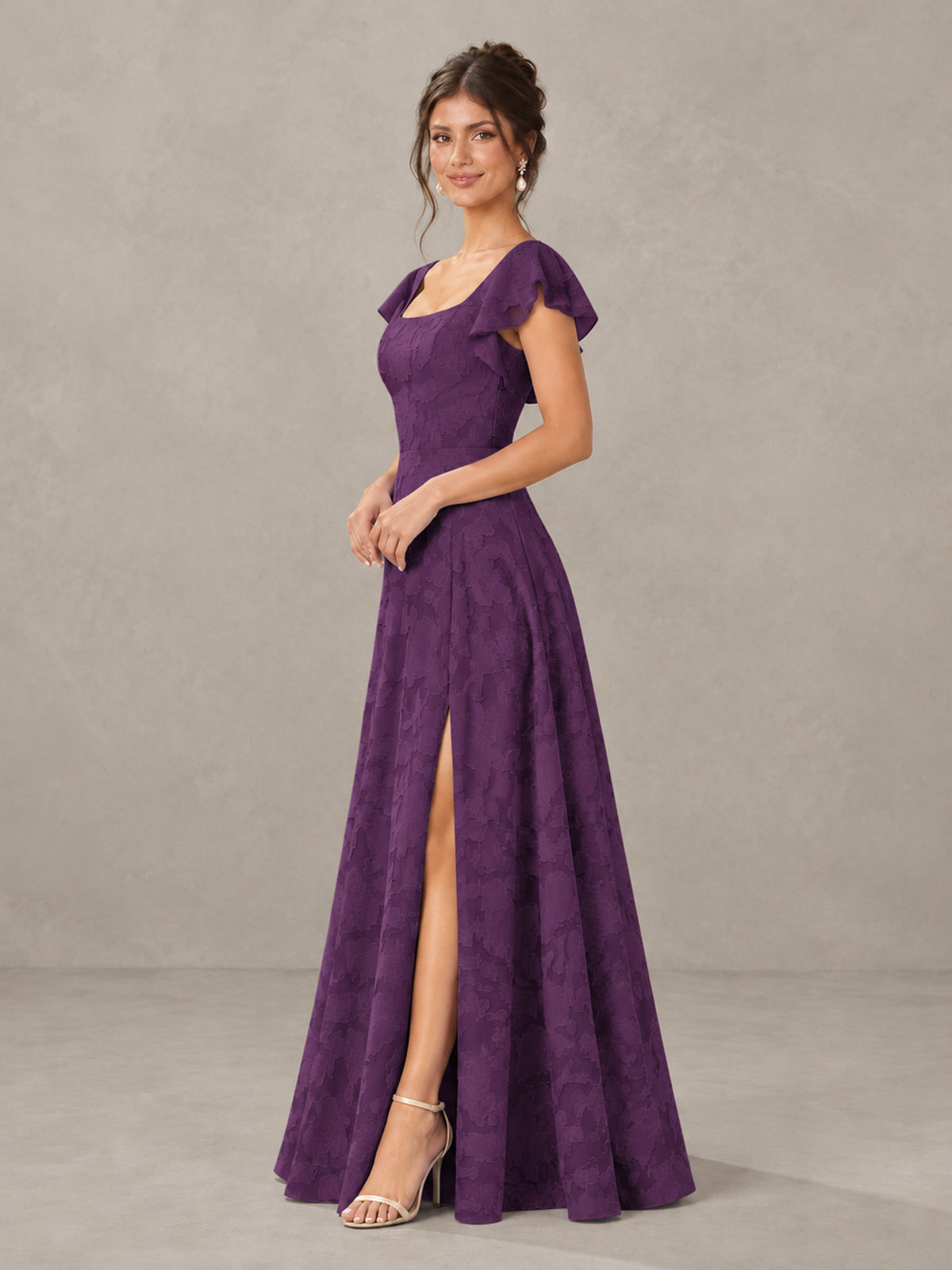BOLODOO Plum Floral Flutter Sleeve Bridesmaid Dress with Slit - Plum - Plum (3)
