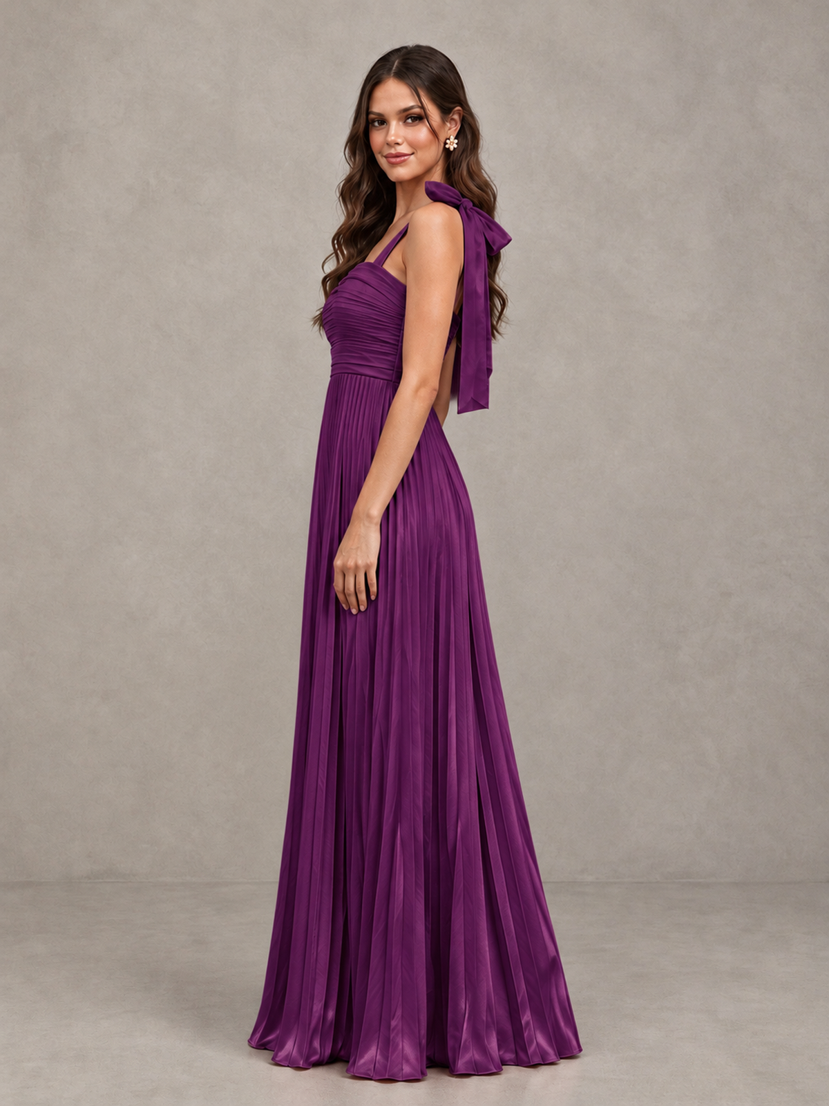 BOLODOO Plum Pleated Bow-Strap Bridesmaid Maxi Dress - Plum - Plum (3)