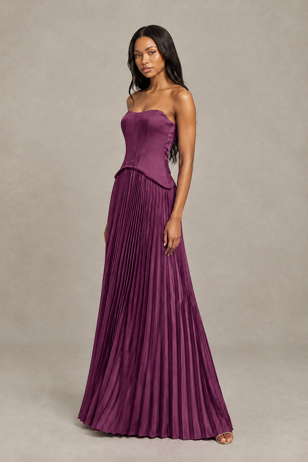BOLODOO Plum Strapless Pleated Satin Evening Prom Dress - Plum