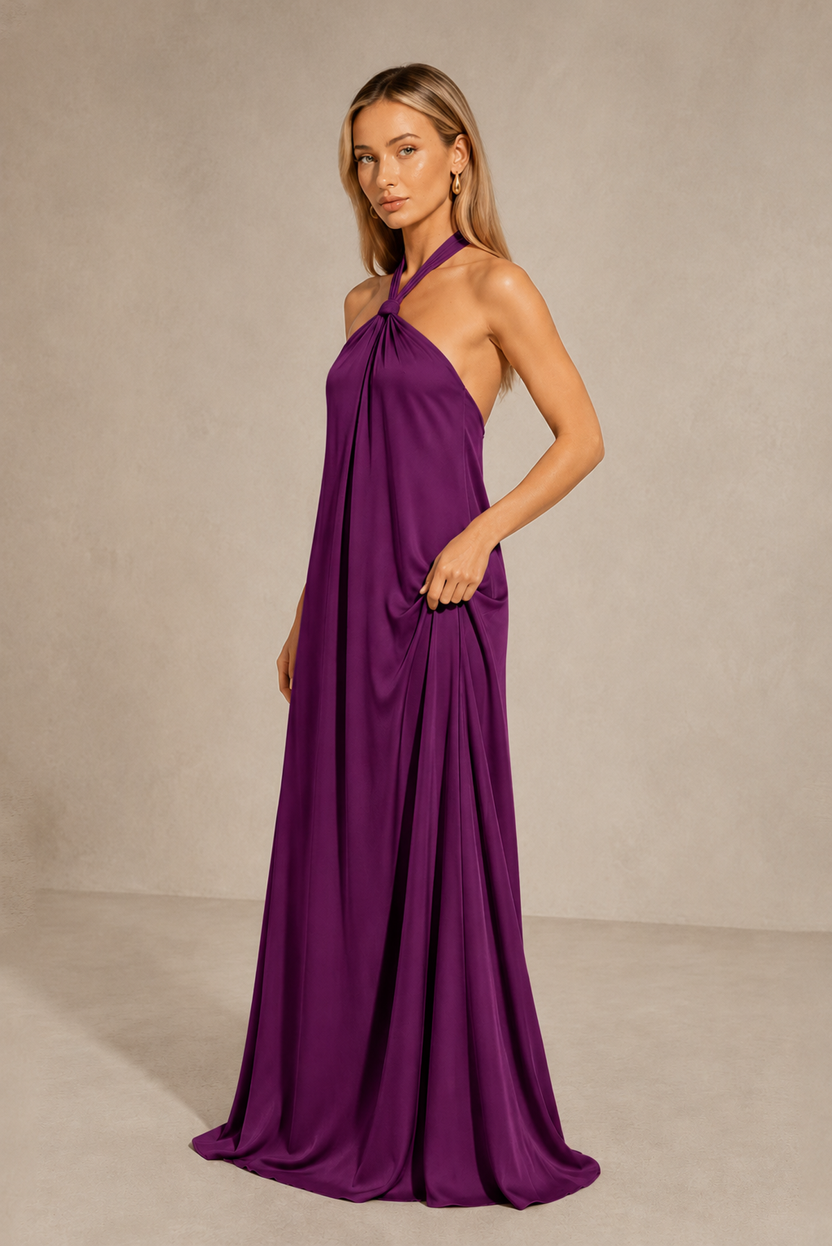 BOLODOO Plum Backless Halter Satin Bridesmaid Dress - Plum