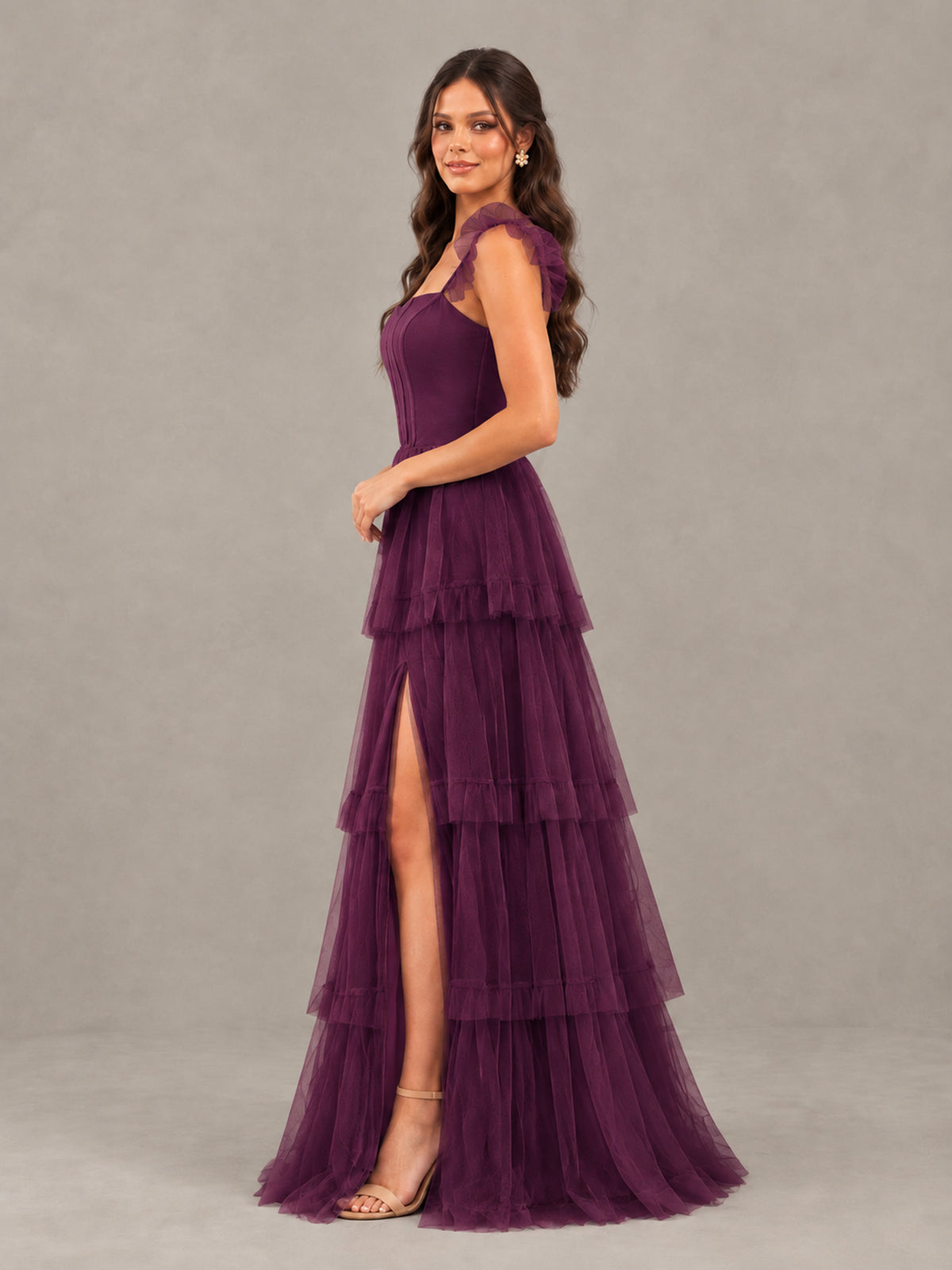BOLODOO Plum Tiered Tulle Bridesmaid Dress with Slit - Plum - Plum (3)