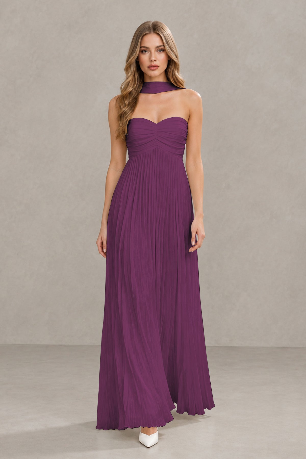 BOLODOO Plum Strapless Chiffon-Look Maxi Dress with Lace-Up Back & Cape - Plum