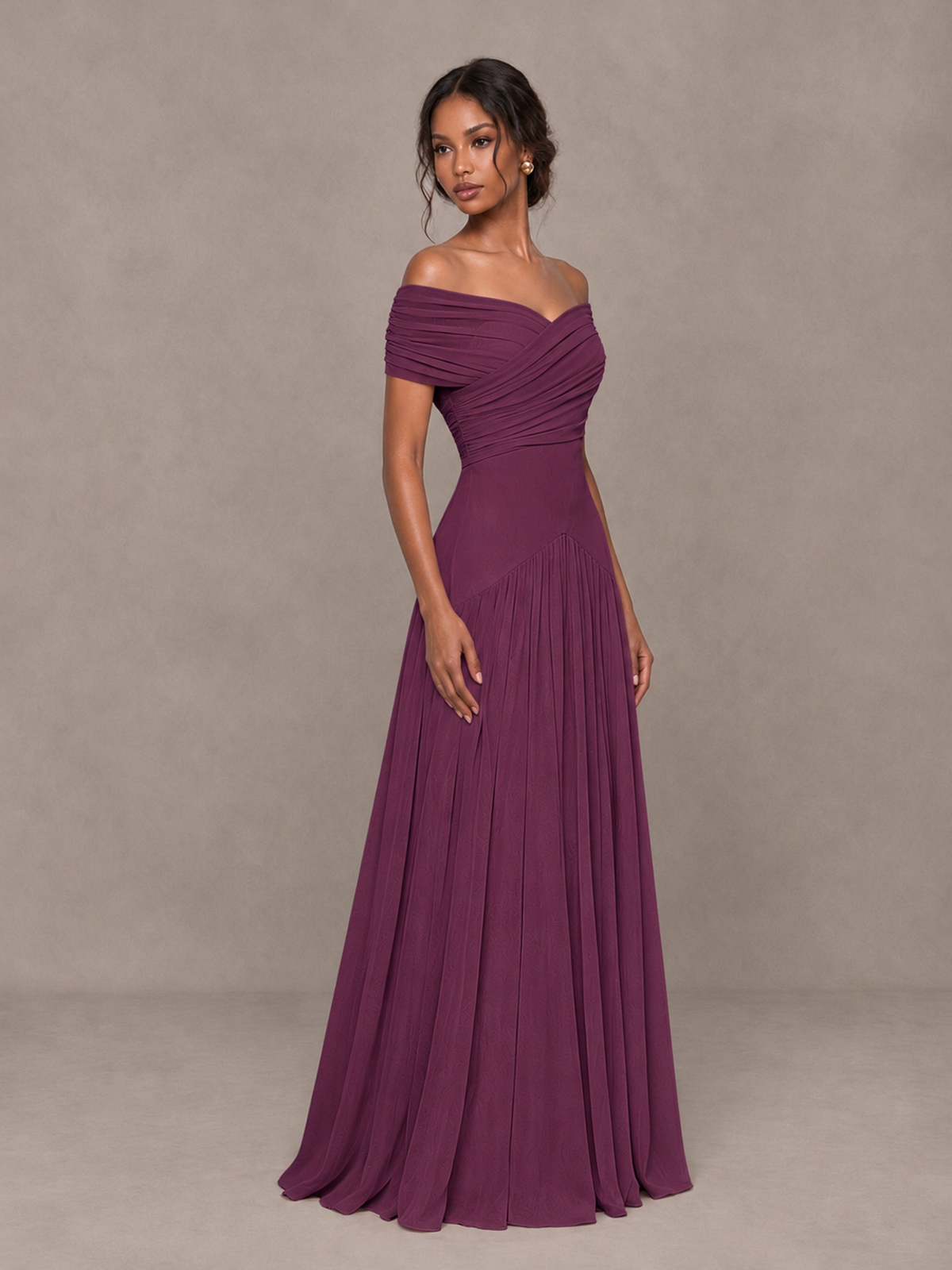 BOLODOO Plum Off-Shoulder Ruched A-Line Bridesmaid Dress - Plum - Plum (3)