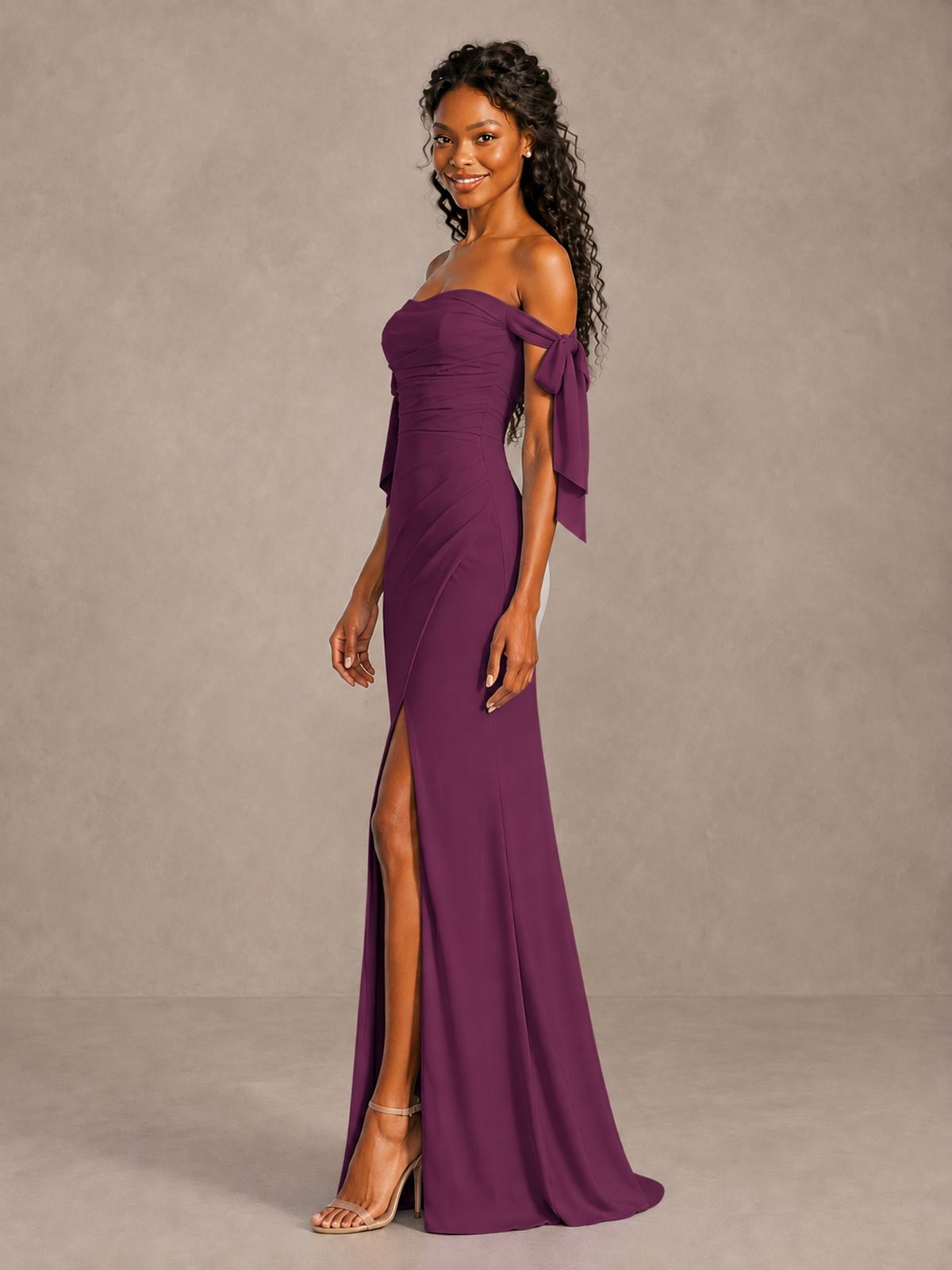Plum Off-Shoulder Bow Bridesmaid Dress with Slit - Plum - Plum (3)