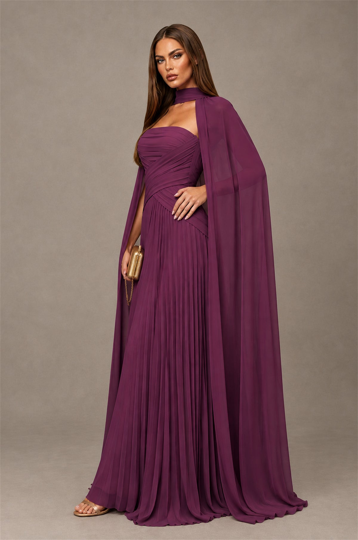 BOLODOO Plum Strapless Crossover Ruched Bodice Detached Turtleneck Cape Lace-Up Back Pleated Chiffon Maxi Dress - Plum