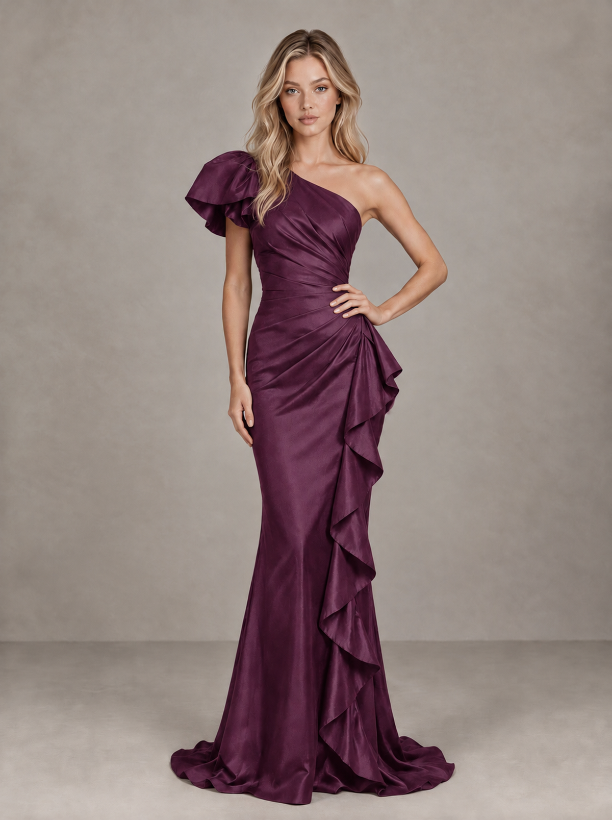 BOLODOO Plum One-Shoulder Satin-Look Mermaid Evening Dress with Ruffles - Plum - Plum (3)