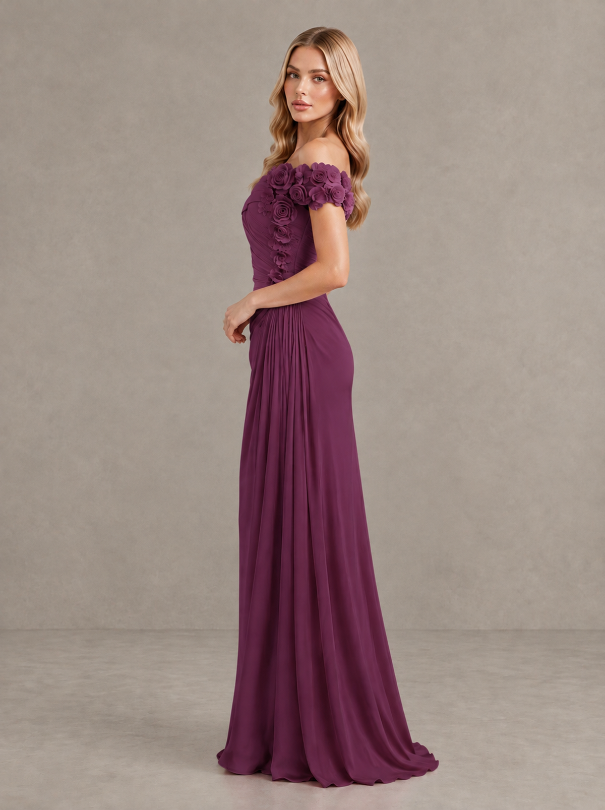 BOLODOO Plum Off-Shoulder Floral Applique Wedding Guest Maxi Dress - Plum - Plum (3)