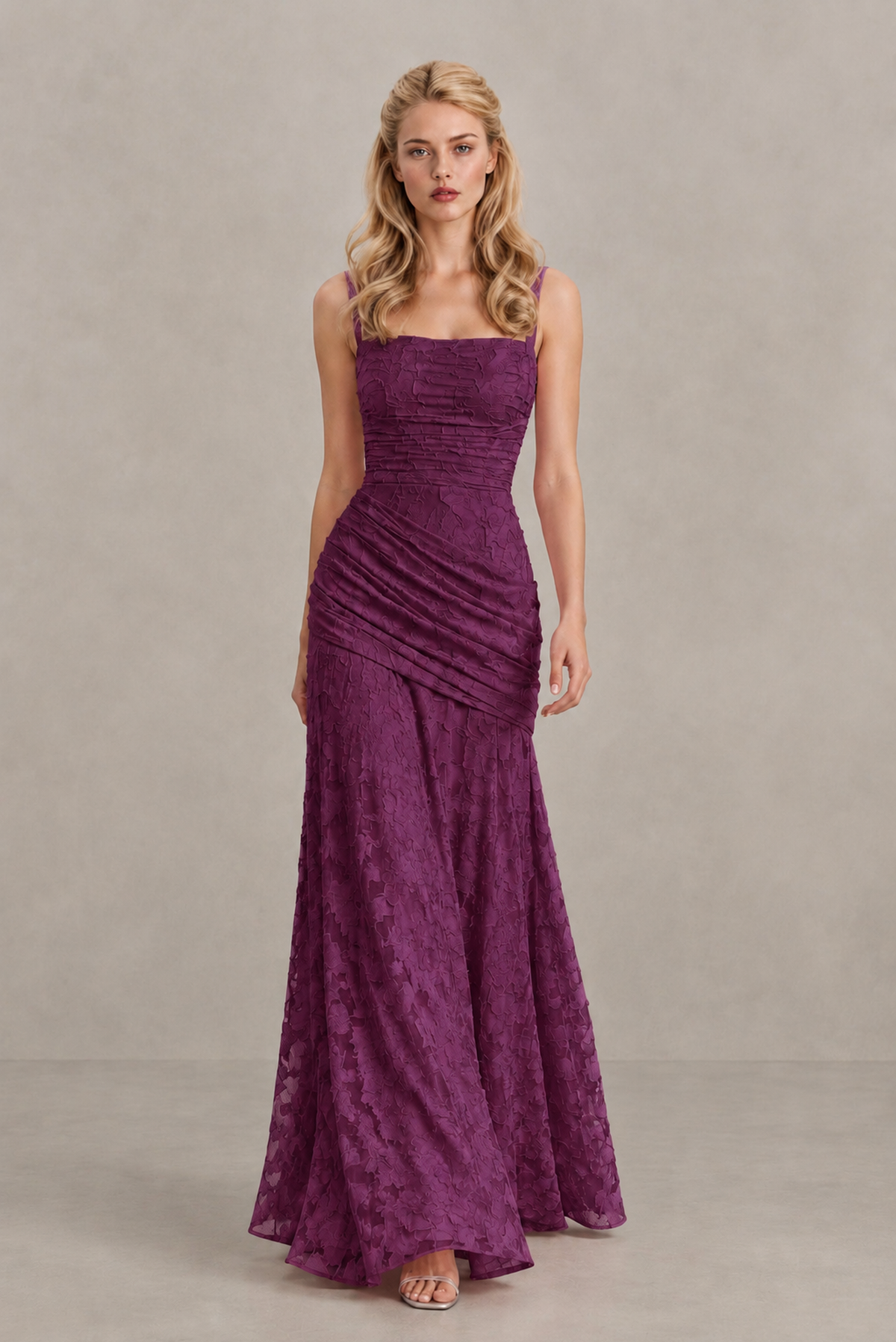 BOLODOO Plum Ruched Floral Maxi Dress with Lace-Up Back - Plum