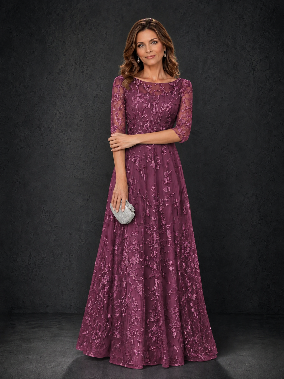 BOLODOO Plum Illusion Bateau Neck 3/4 Sleeve Floral Lace A-Line Mother of the Bride Dress MX007 - Plum