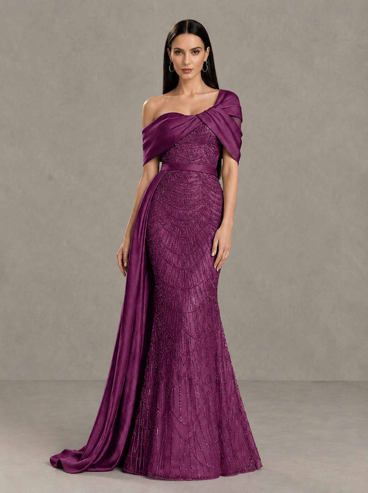 BOLODOO Plum Asymmetric Draped Mermaid Evening Gown with Train - Plum - Plum (3)