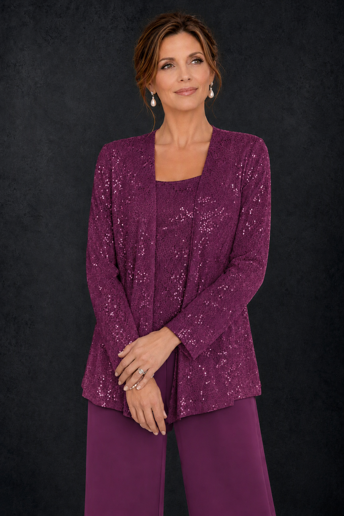 BOLODOO Plum Sequin Lace 3-Piece Pant Suit with Long Sleeve Jacket - Plum - Plum (3)