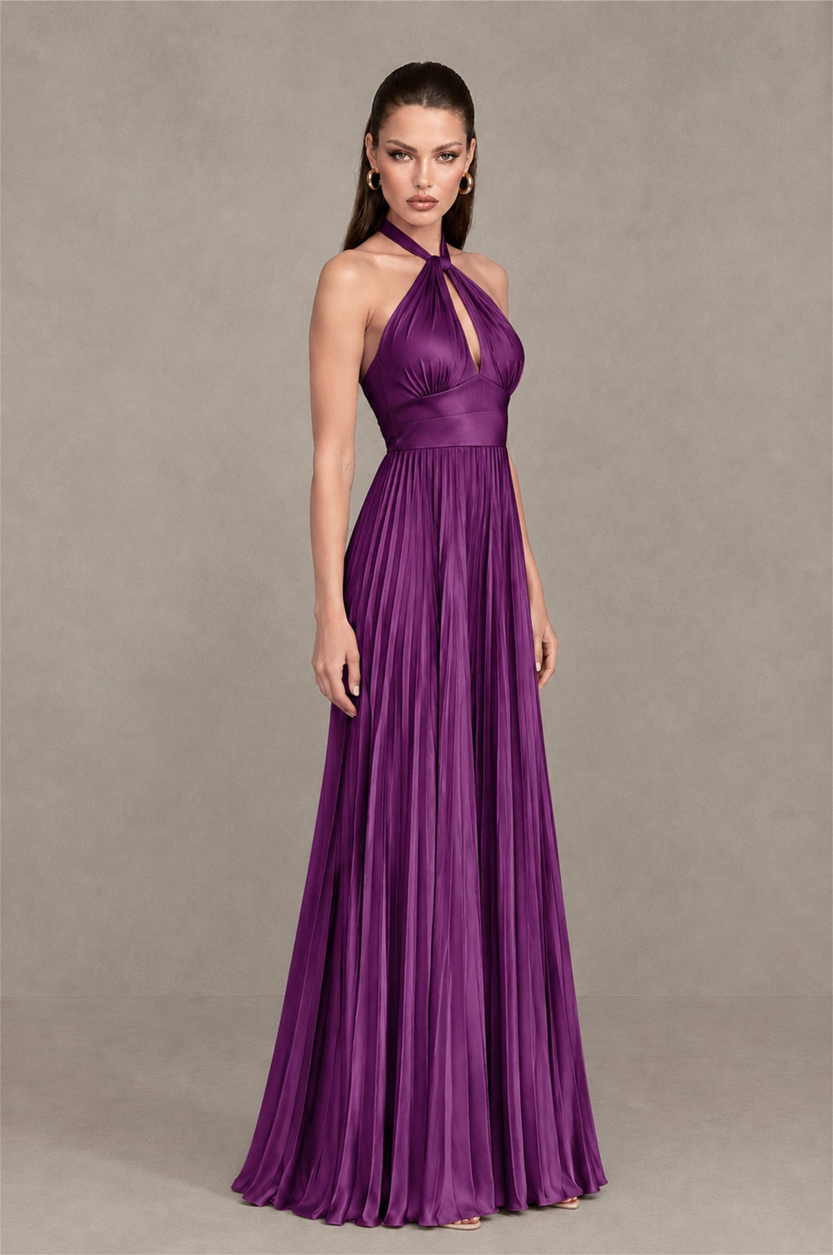 BOLODOO Plum Halter Pleated A-Line Evening Dress - Plum - Plum (3)