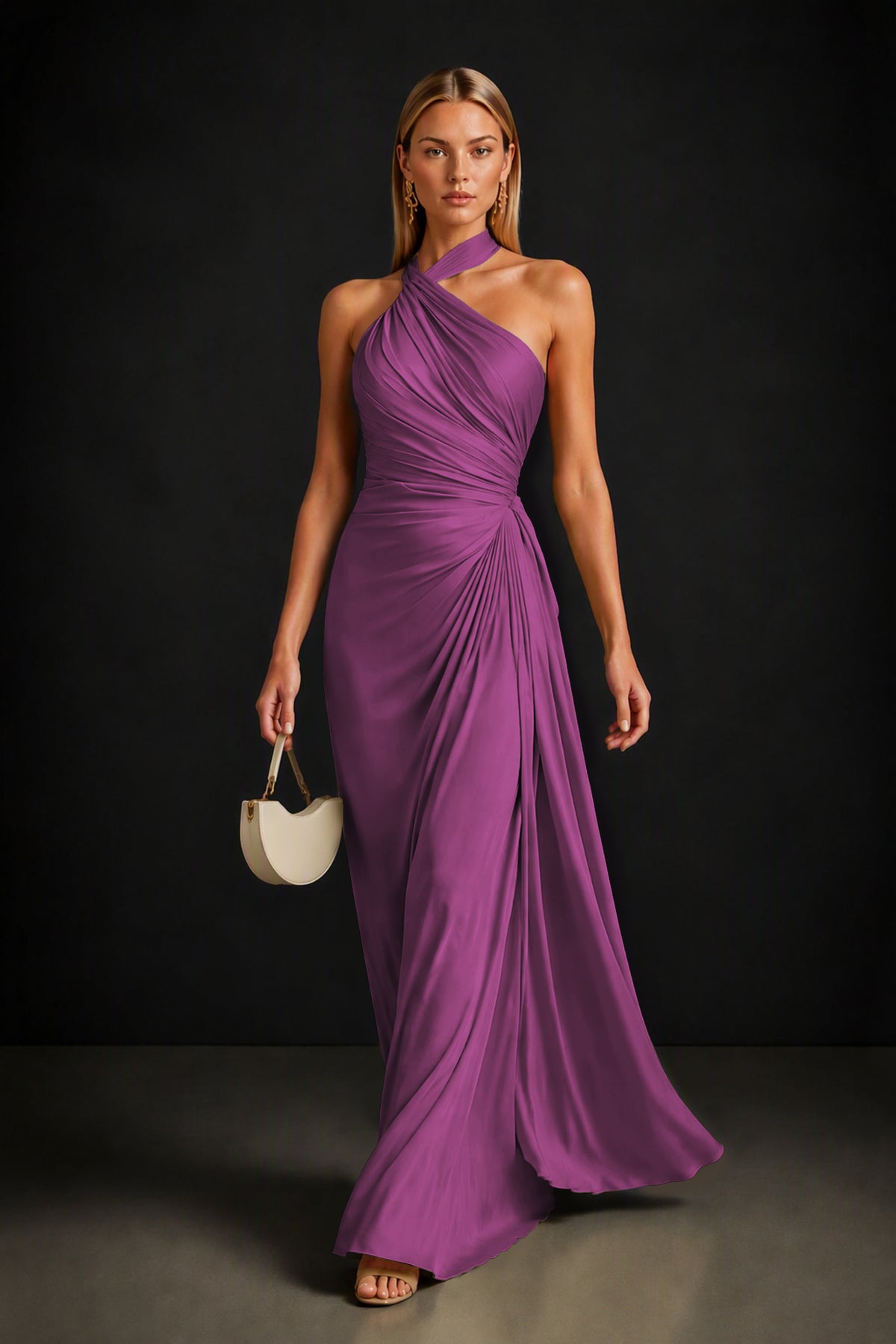 BOLODOO Plum Twisted Halter Neck Ruched Sleeveless Open Back Floor-Length Gown - Plum