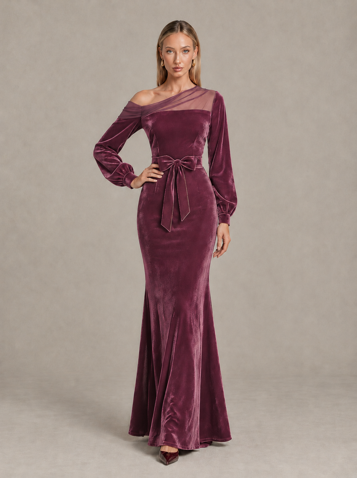 BOLODOO Plum Velvet Mermaid Evening Dress with Long Sleeves - Plum - Plum (3)