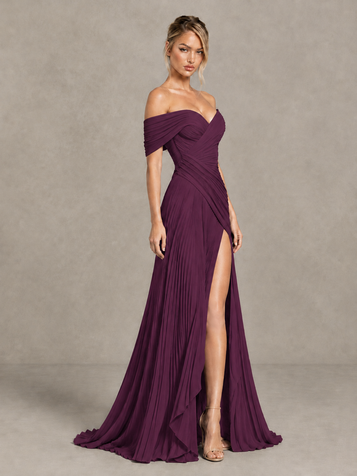 BOLODOO Plum Off-Shoulder Ruched Pleated Maxi Dress with High Slit - Plum - Plum (3)