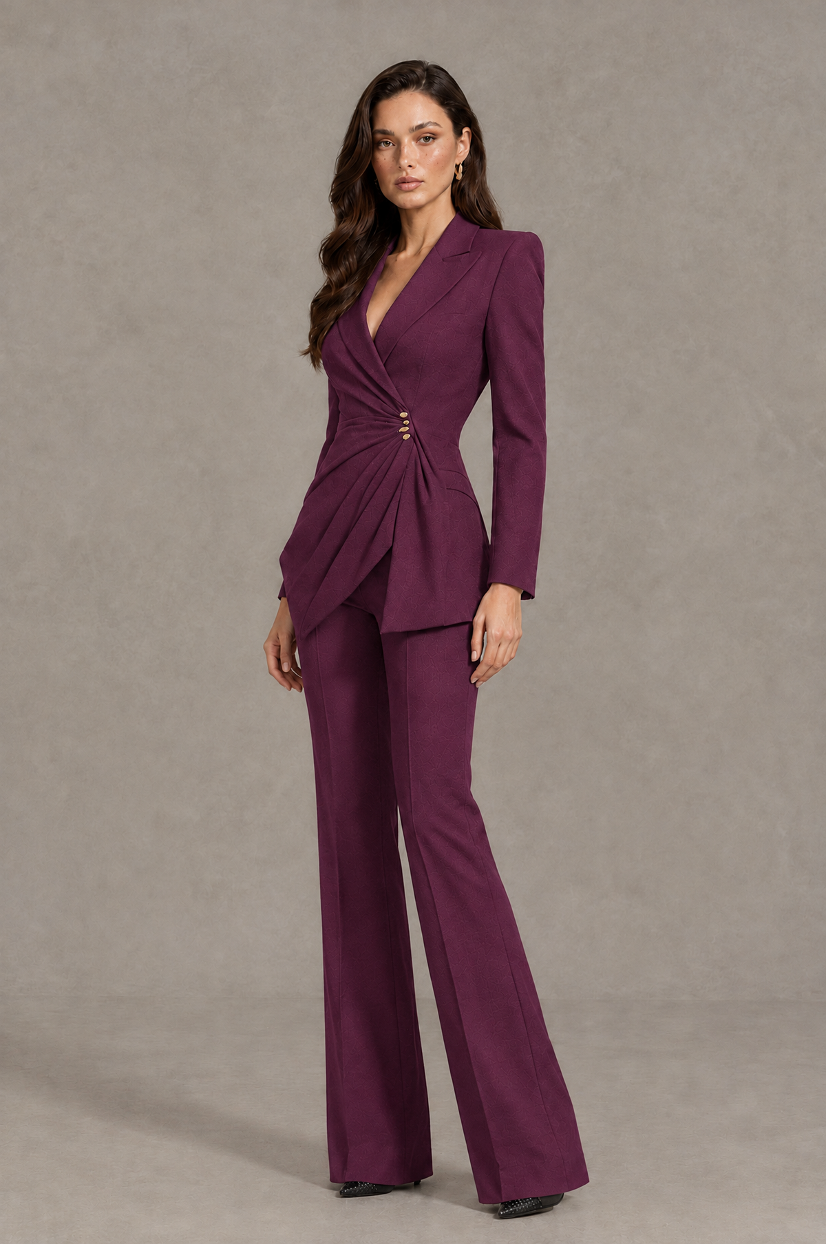 BOLODOO Plum Long Sleeve Wrap Blazer Pantsuit with Wide-Leg Trousers - Plum - Plum (3)
