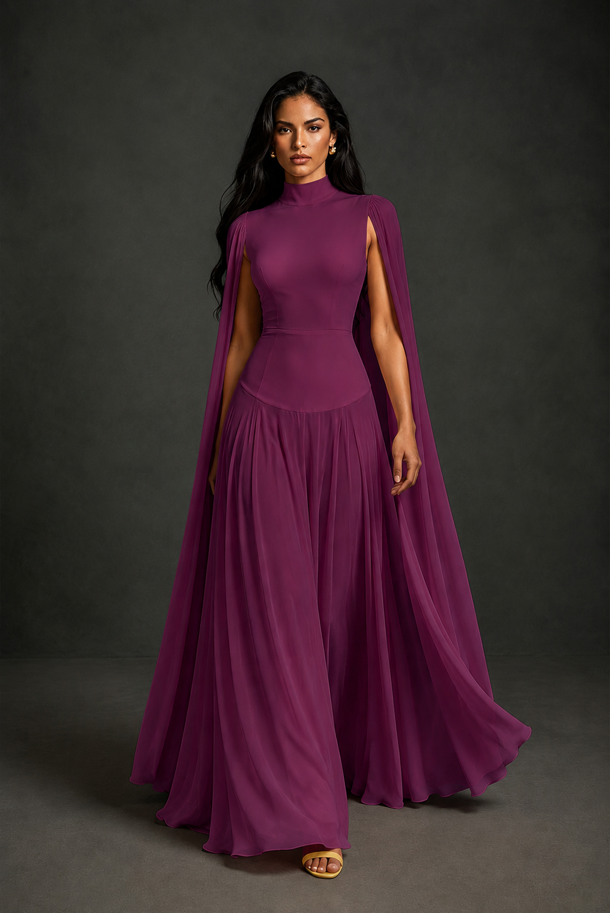 BOLODOO Plum Mock Neck Cape Sleeve A-Line Chiffon Maxi Dress - Plum