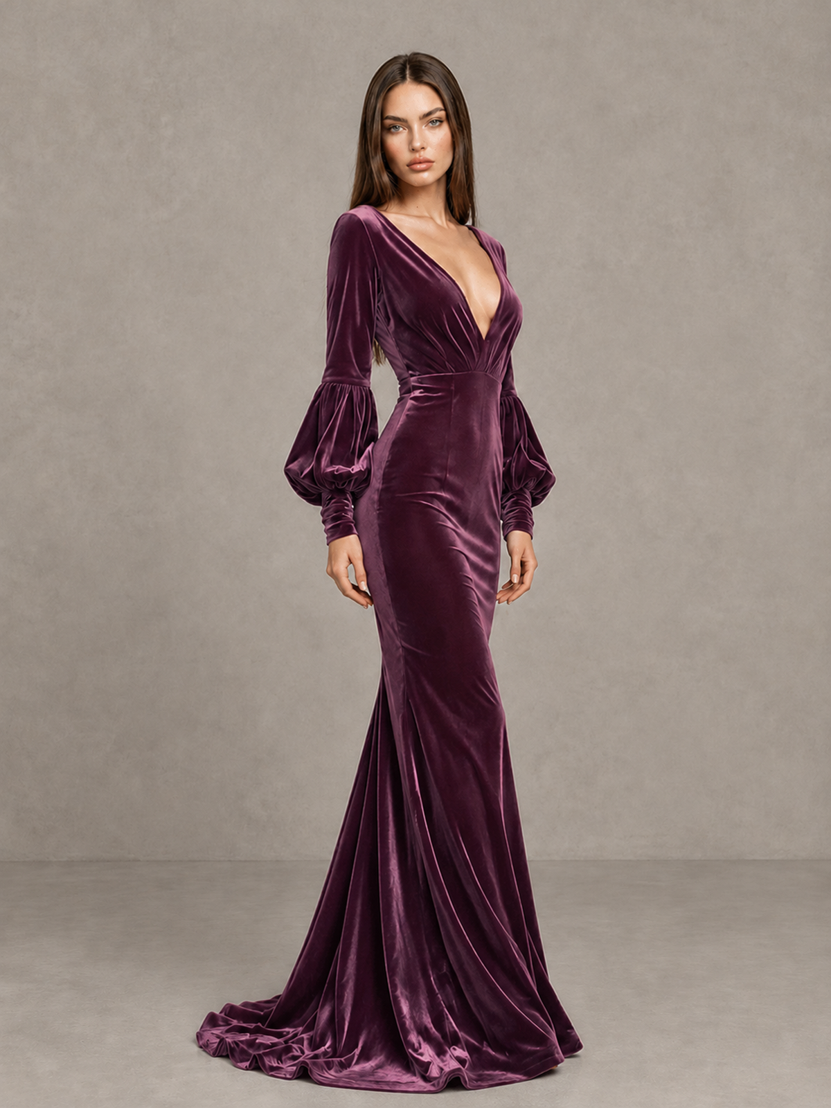 BOLODOO Plum Velvet V-Neck Long Sleeve Open Back Mermaid Evening Gown - Plum - Plum (3)
