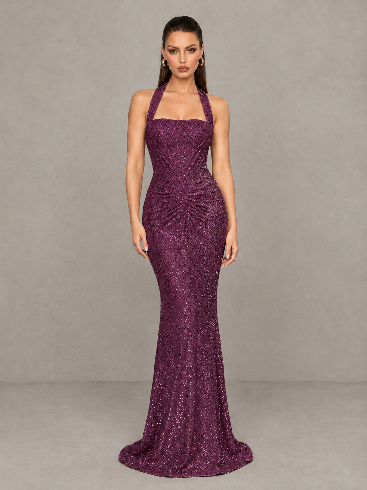 BOLODOO Plum Sequin Halter Mermaid Evening Gown - Plum - Plum (3)