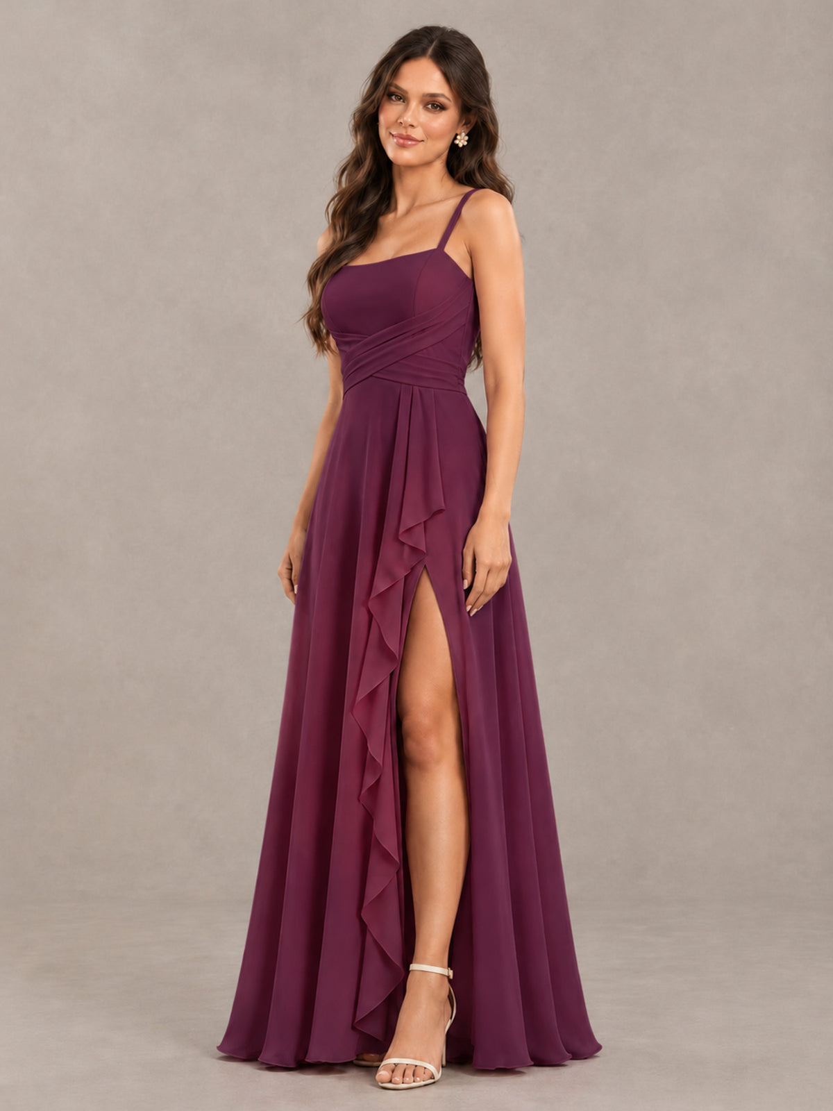 BOLODOO Plum Spaghetti Strap Ruffle Bridesmaid Dress with Slit - Plum - Plum (3)