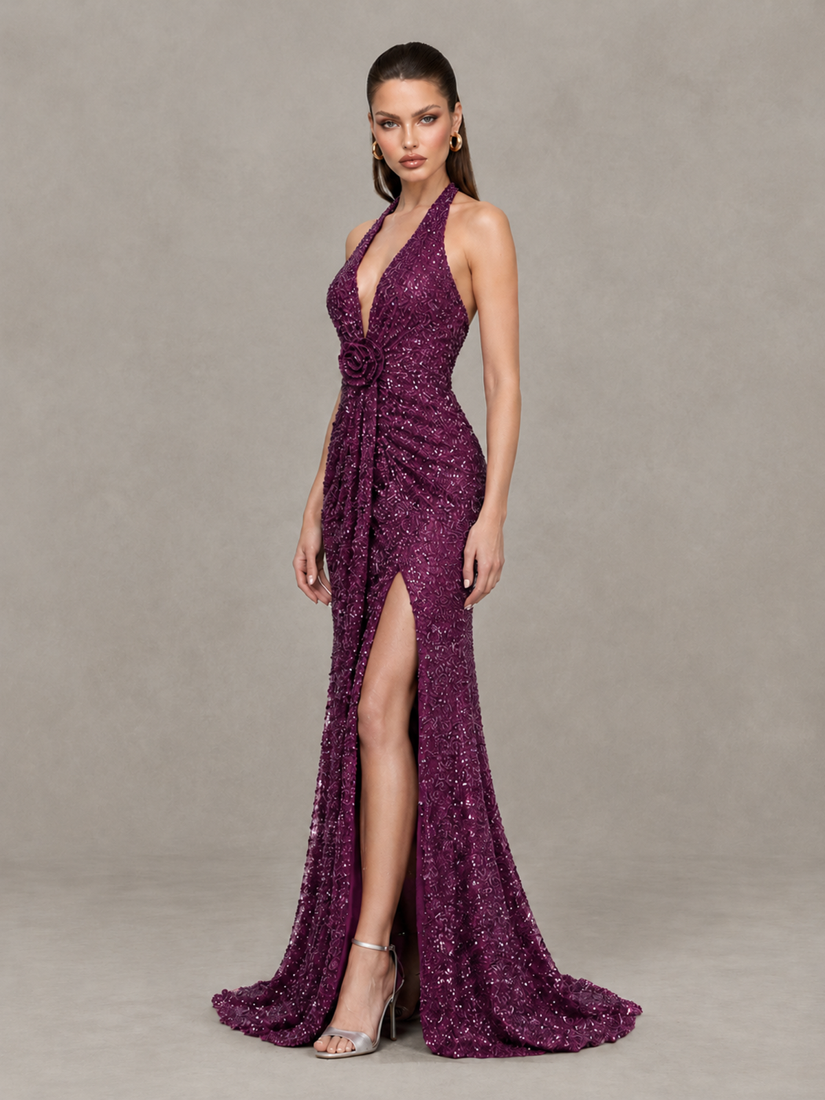 BOLODOO Plum Sequin Halter Open Back Evening Gown with High Slit - Plum - Plum (3)