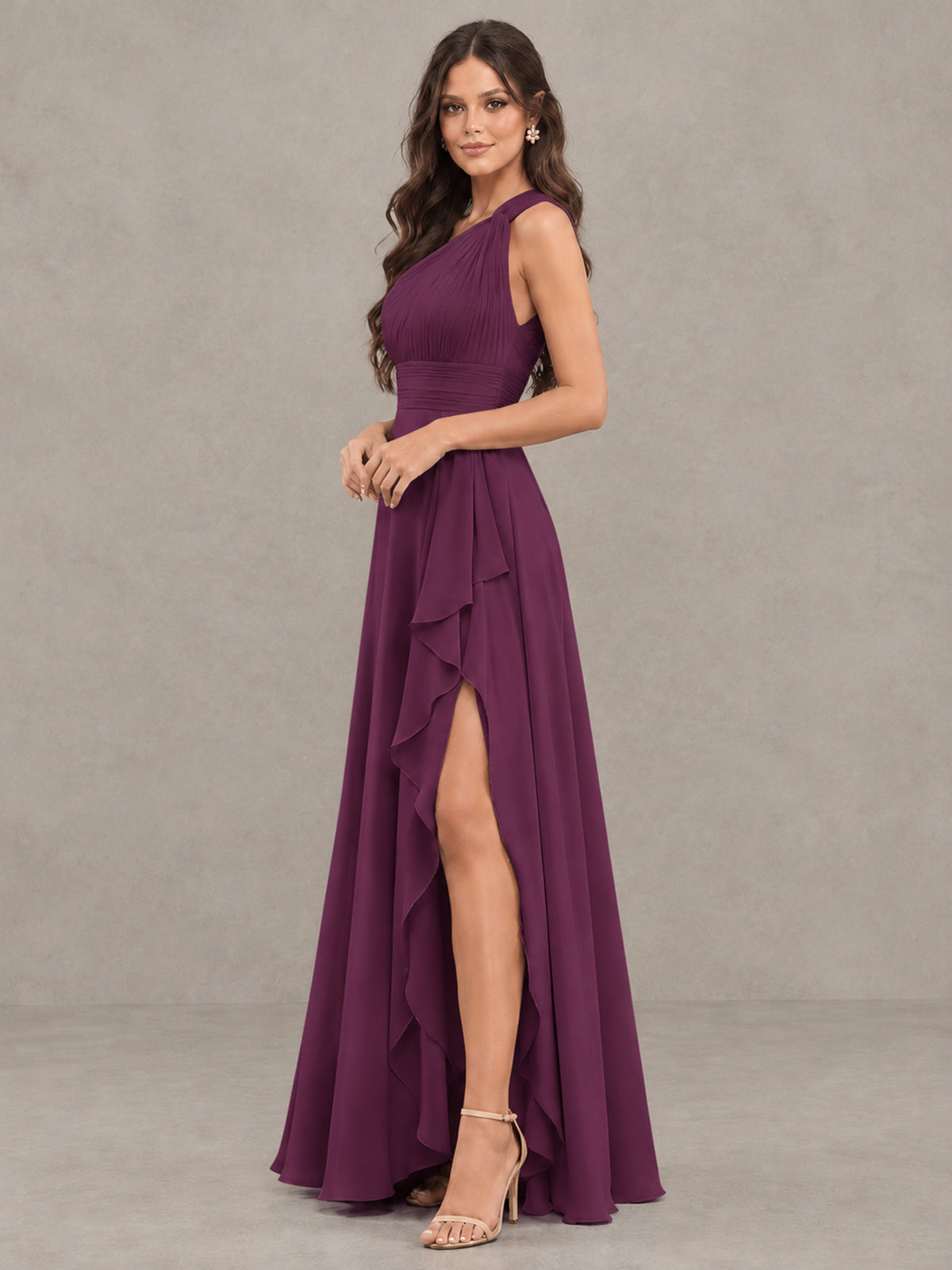 BOLODOO Plum One-Shoulder Ruffle Bridesmaid Dress with Slit - Plum - Plum (3)
