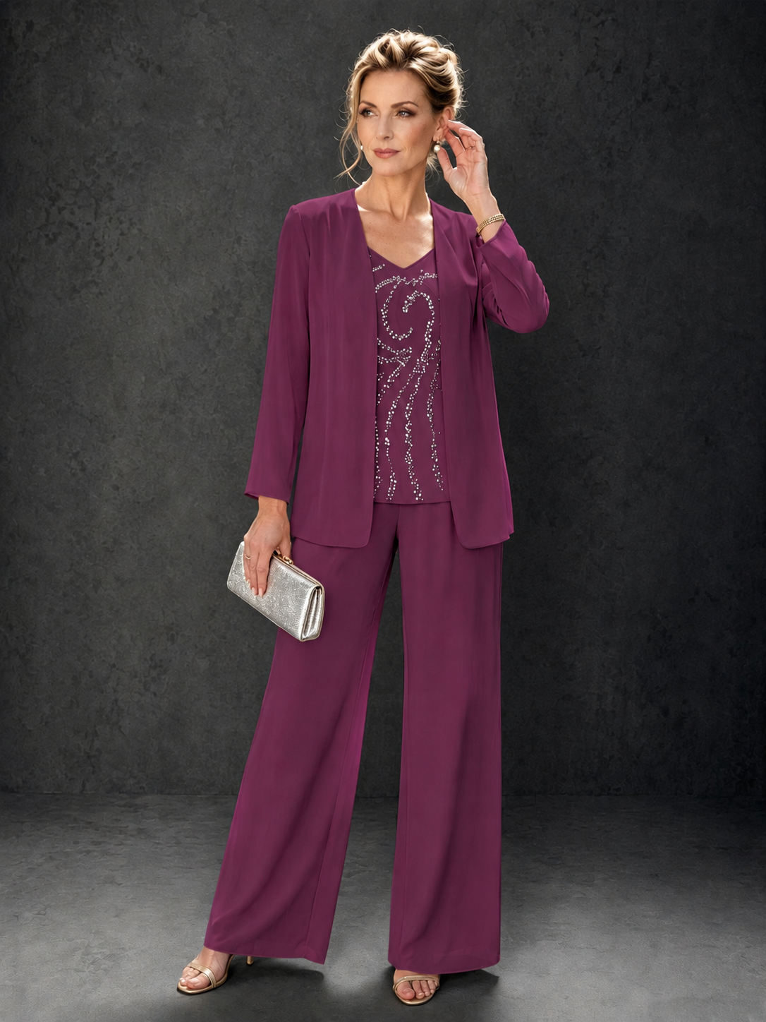 BOLODOO Plum 3-Piece Mother of the Bride Pant Suit with Beaded Top & Chiffon Jacket - Plum